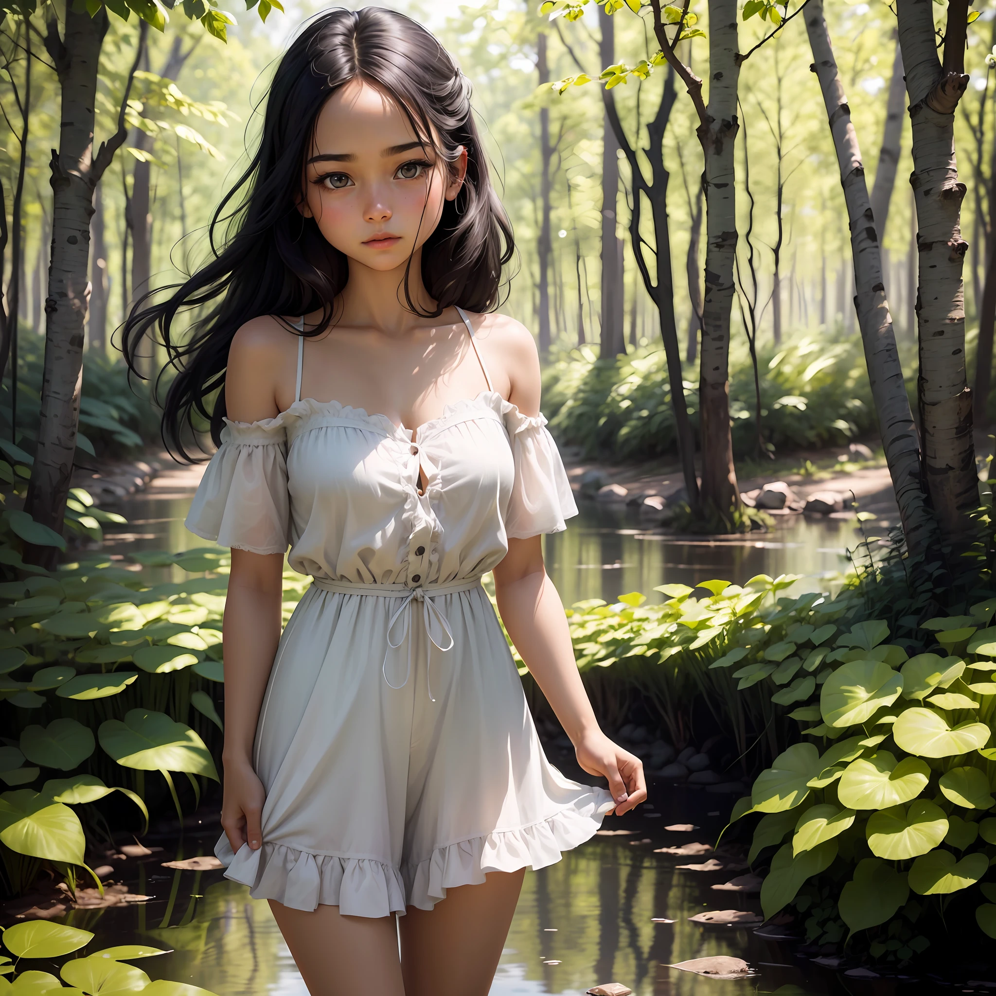 In this captivating image, a lone young girl takes centre stage, captivating the viewer with her presence. She stands in a picturesque outdoor setting, surrounded by lush vegetation and bathed in soft golden light. Her black hair cascades over her shoulders, framing her face, while her bewitching blue eyes shine with depth and intrigue. Tilting her head slightly, she looks directly at the viewer, her expression conveying a mixture of confidence and vulnerability. The emphasis is on her striking features and natural beauty, expertly captured in this hyper-realistic, high-resolution portrait. The background is deliberately slightly blurred, accentuating the focus on the young girl and adding depth to the composition. This photographic masterpiece captures both the outer and inner essence of the young girl, leaving the viewer captivated by her presence. The image will be rendered in a 9:16 format, allowing for a vertical composition that highlights the stature and presence of the young girl. --auto