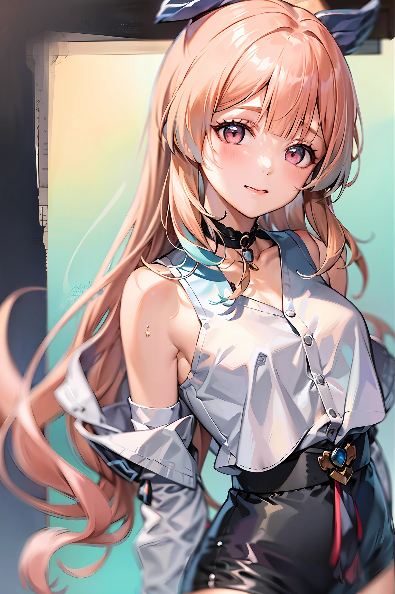 best quality, ultra high res, 1girl, sleeveless white button shirt, black skirt, black choker, cute, (Kpop idol), (aegyo sal:1), (platinum blonde hair:1), ((puffy eyes)), looking at viewer, full body, facing front