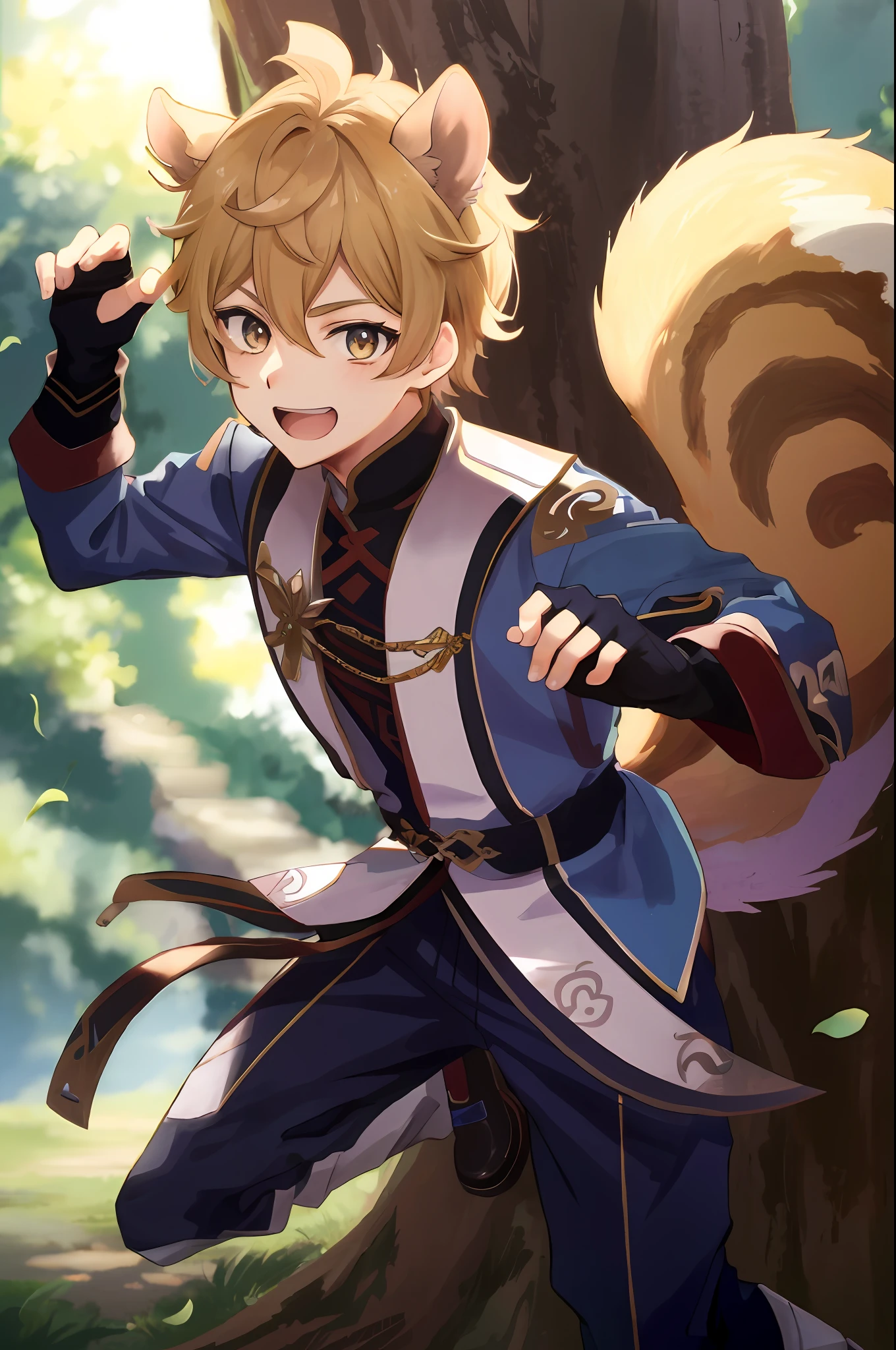 Male anime character with squirrel tail and blue jacket, keqing from genshin impact, Key Anime Art, highly detailed exquisite fanart, detailed fan art, high quality fan art, cunning expression, zhongli from genshin impact, Rin, zerochan art, official fan art, genshin impact character, Official art, Detailed key anime art, Cunning smile、🐿