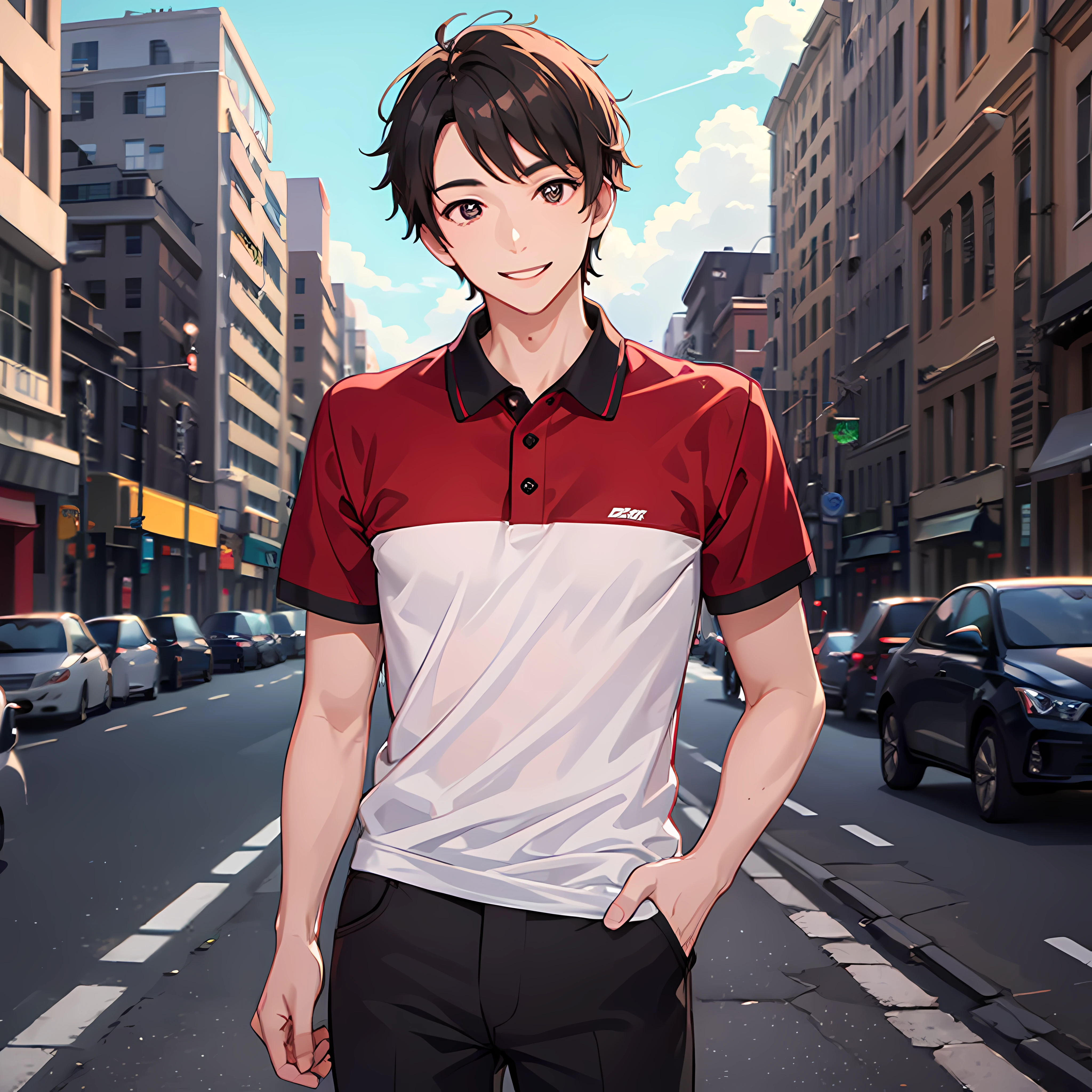 masuter piece, 独奏, red polo shirt, Young man with a refreshing smile, red polo shirt, Beautiful sunlight, Fine expression, dynamic ungle, twinks, Background in the city, Stand up straight
