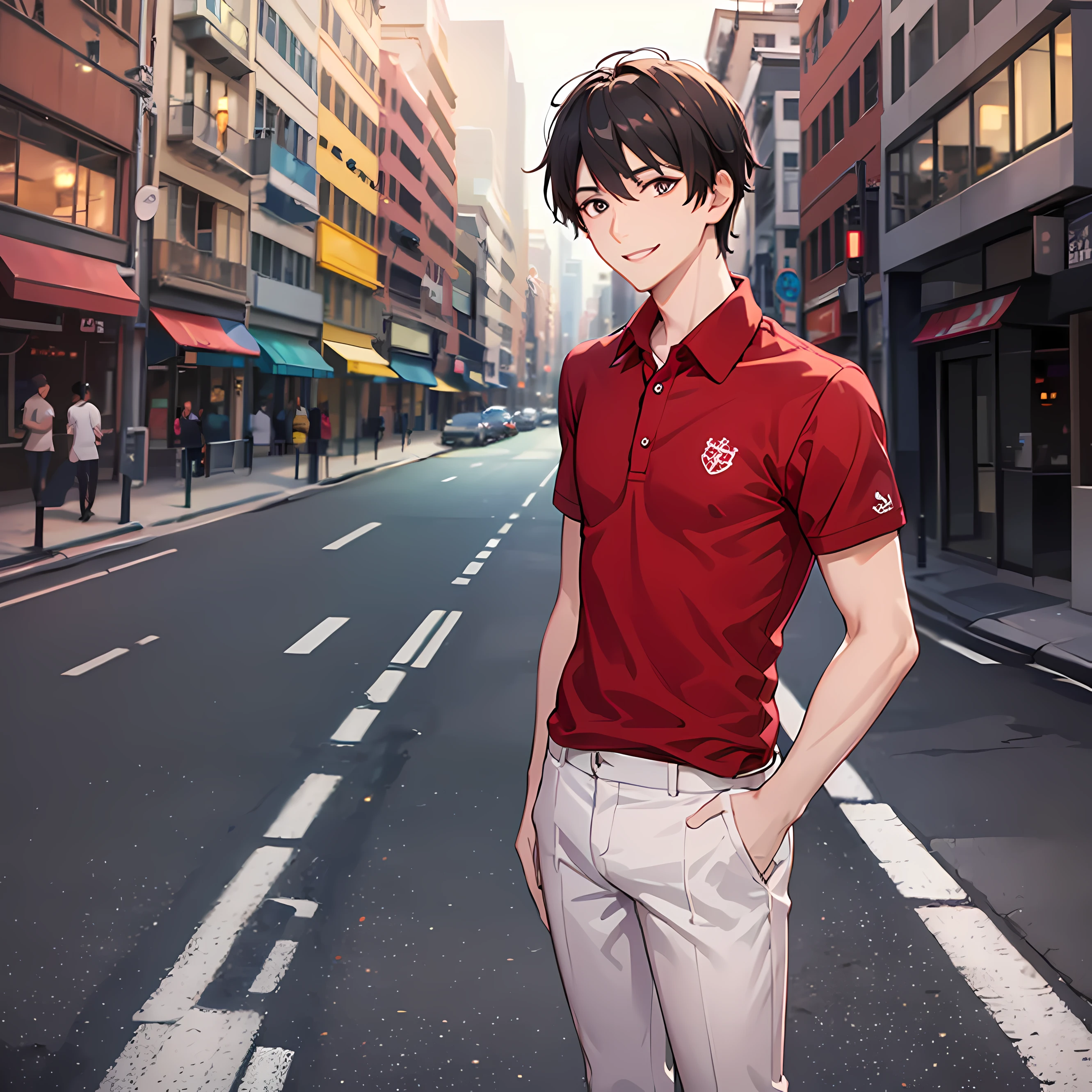 masuter piece, 独奏, red polo shirt, Young man with a refreshing smile, red polo shirt, Beautiful sunlight, Fine expression, dynamic ungle, twinks, Background in the city, Stand up straight