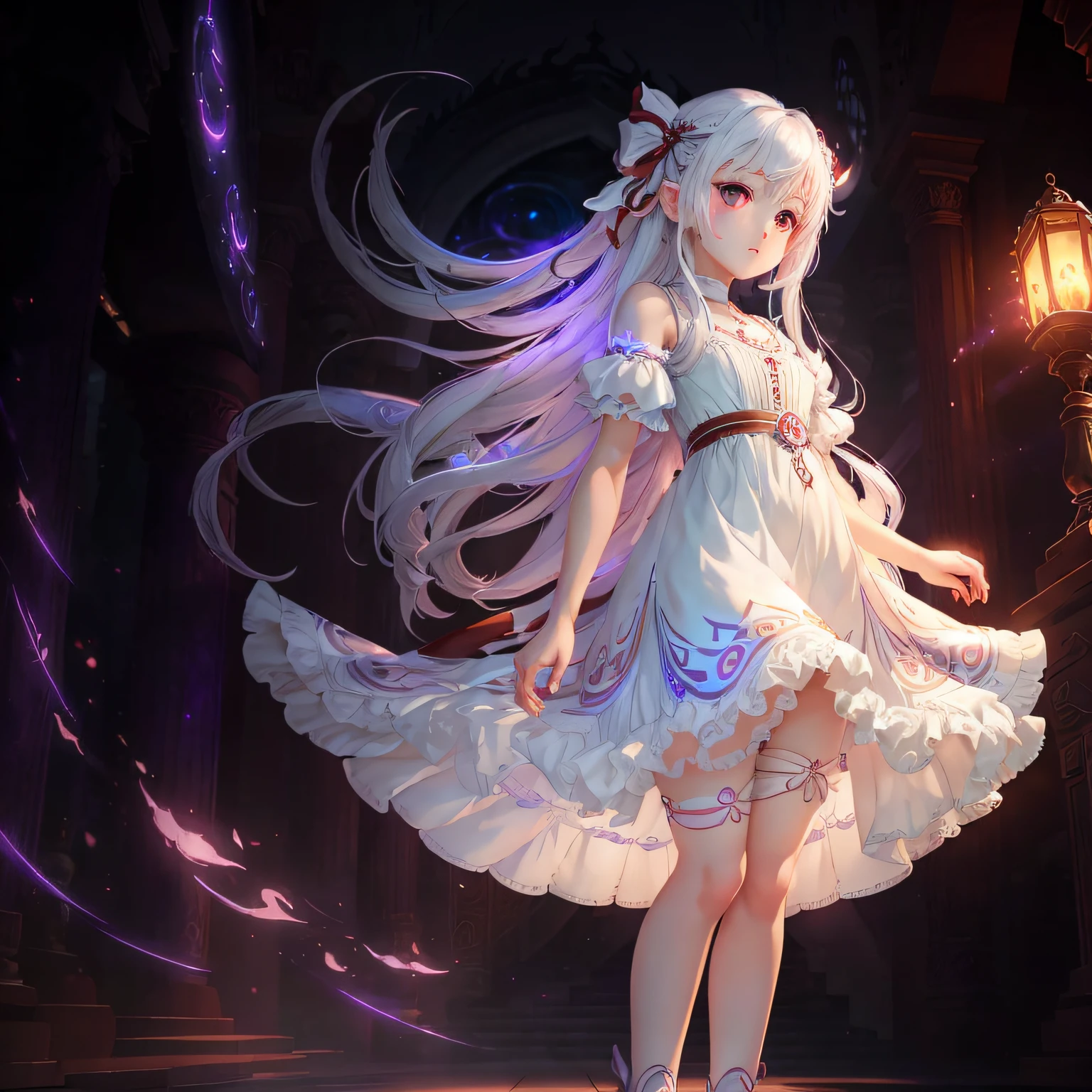 (Masterpiece-level CG graphics),In purple light,Cute girl,white dresses,White hair and red eyes,Tsundere mysterious,Beautiful feet,delicated,Deities --auto