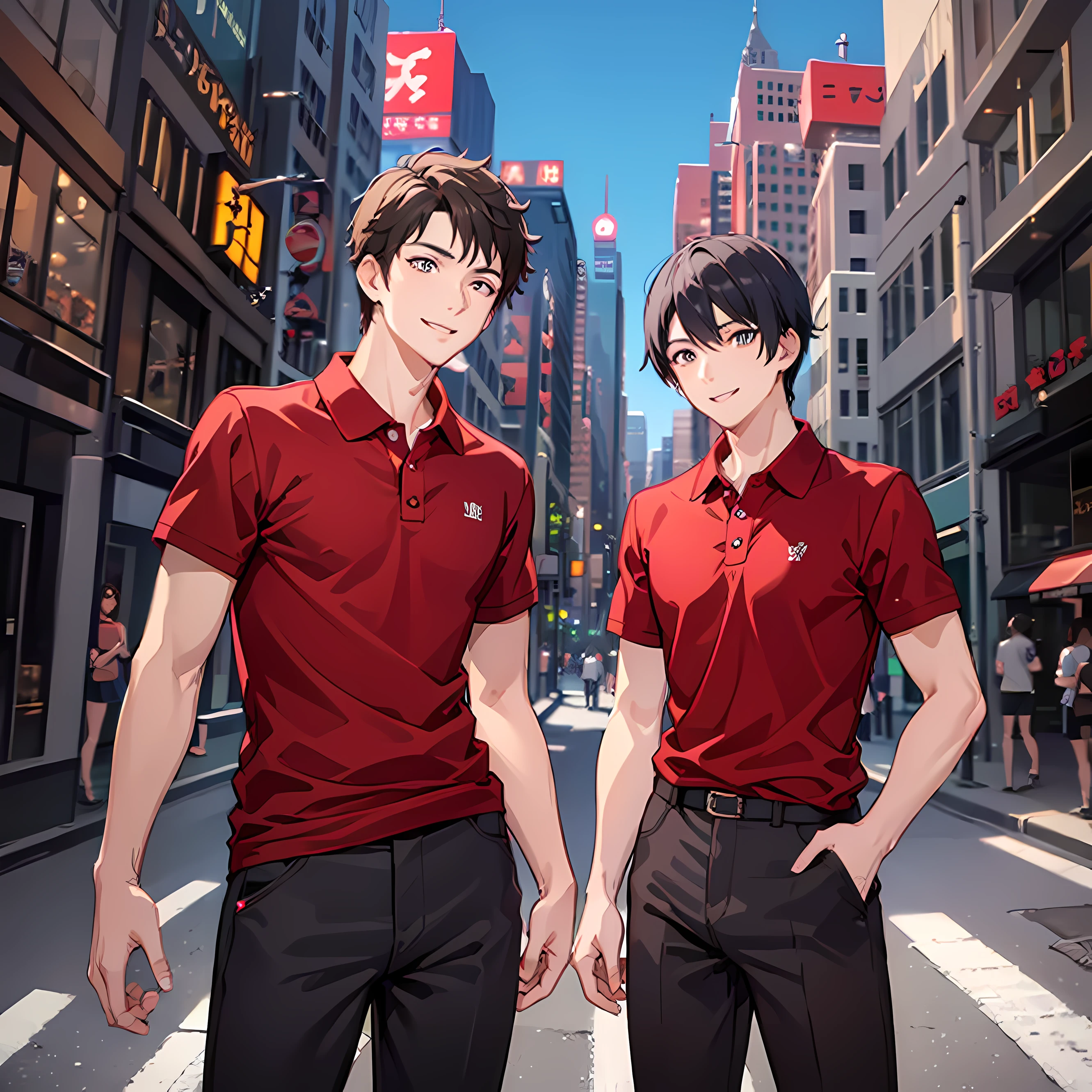 masuter piece, 独奏, red polo shirt, Young man with a refreshing smile, red polo shirt, Beautiful sunlight, Fine expression, dynamic ungle, twinks, Background in the city, Stand up straight