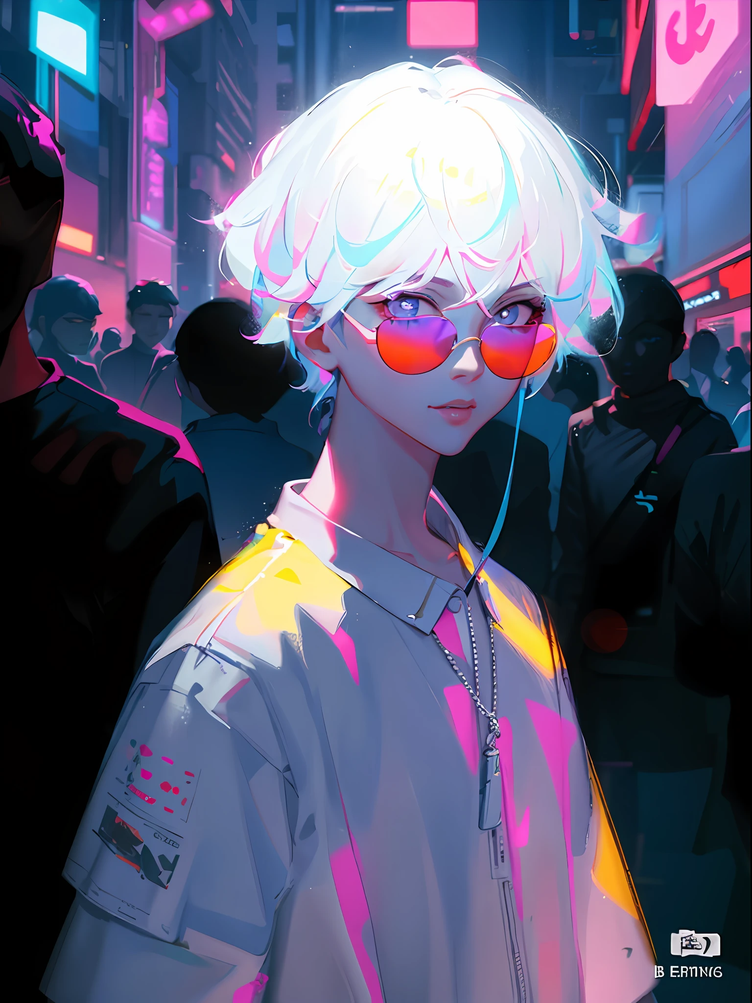 Close-up of a man wearing a white wig and sunglasses, inspired by Yanjun Cheng, Guviz-style artwork, bright cyberpunk glow, Praise Artstyle, style hybrid mix of beeple, author:yanjun cheng, Beeple and Jeremiah Ketner, dreamy colorful cyberpunk colors, Beeple e James Jean, cyberpunk atmosphere