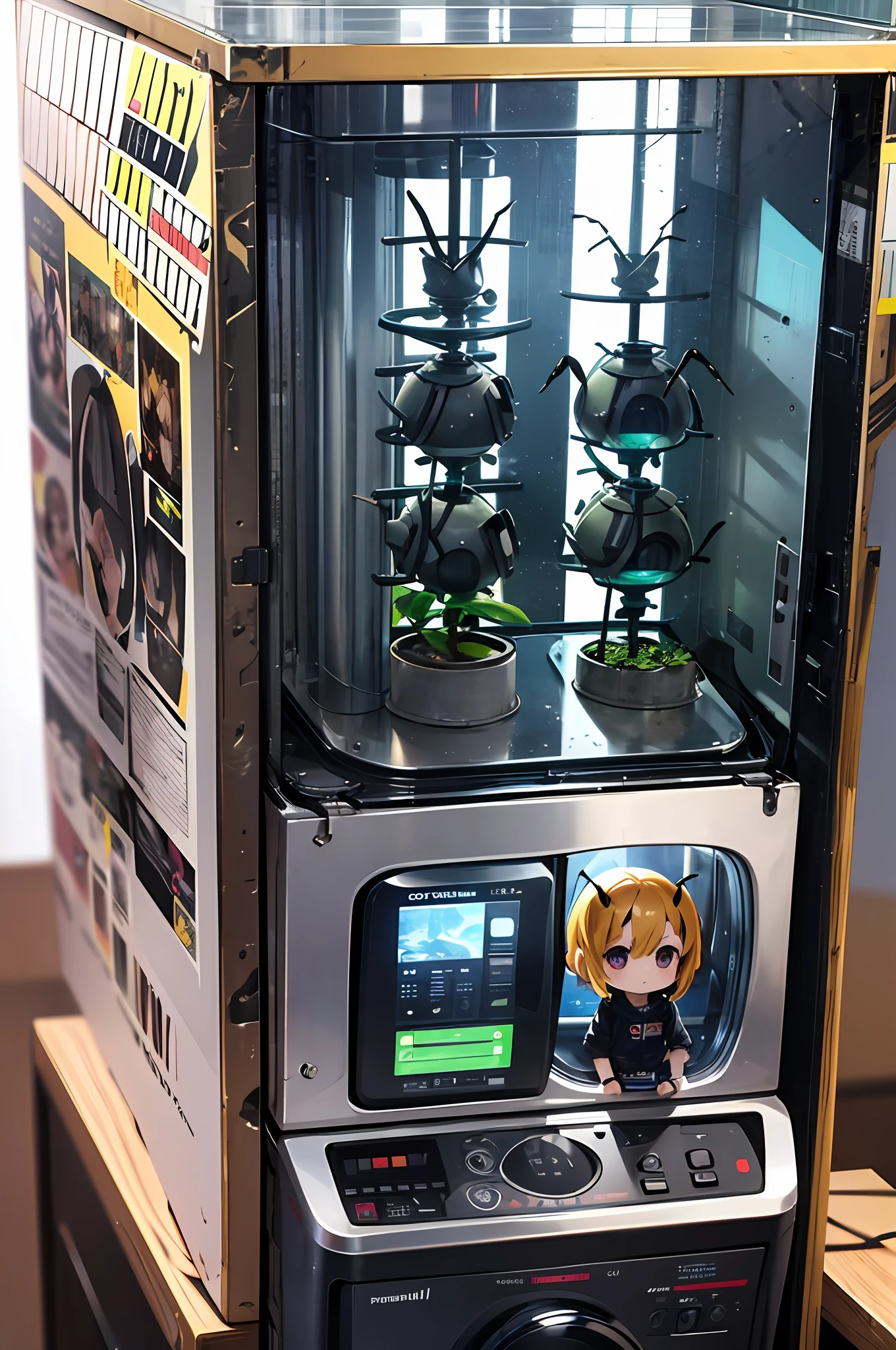 (Chibi: 1.3), strange face, full body, indoors, on the table, (bio punk), research facility, (A chibi character with insect antennae and wings), (Nendoroid in a case),
