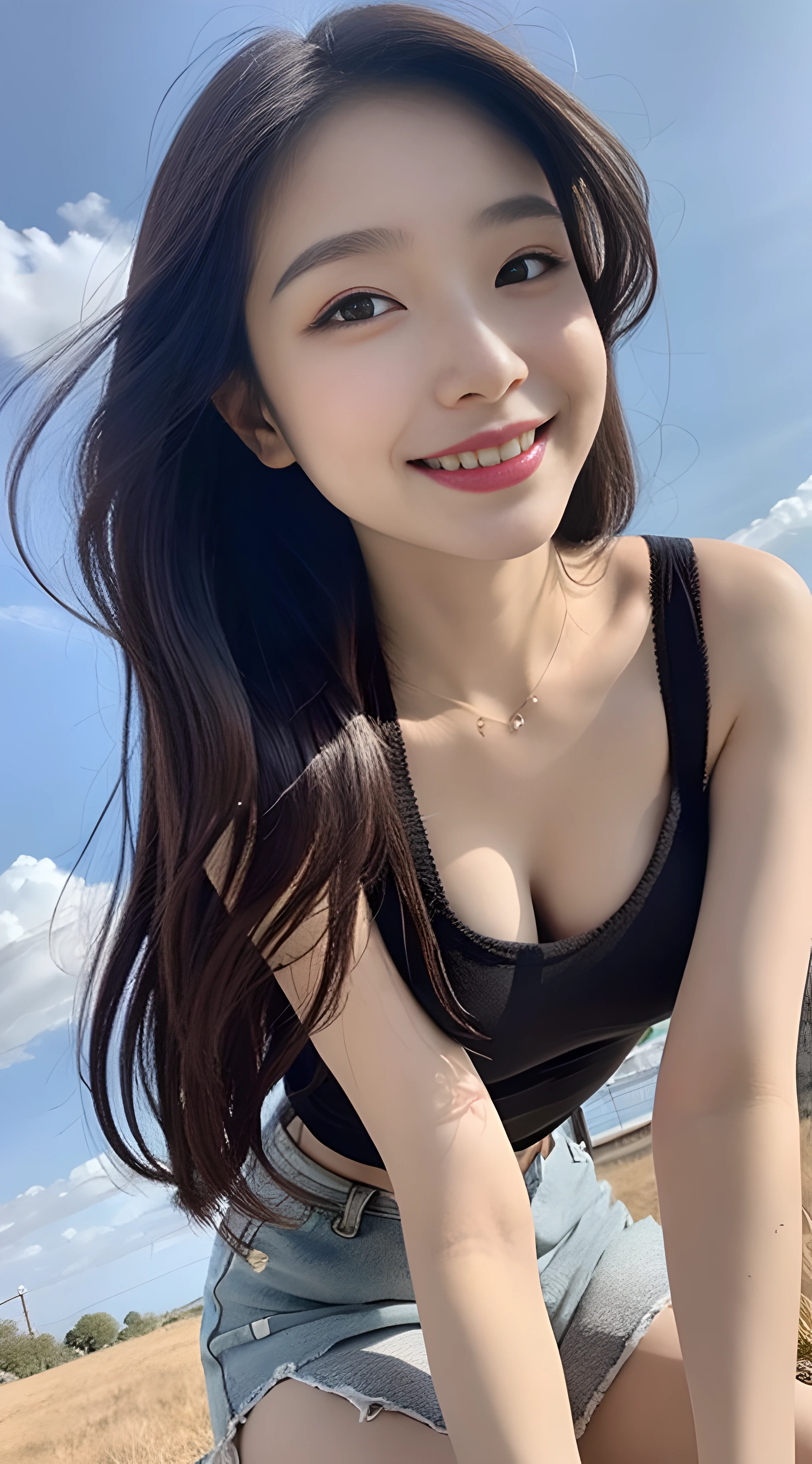 A nice and cute girl，Full body photo，Extremely beautiful and delicate，black color hair，A sweet smile，Delicate and beautiful fair skin，Realistic and realistic，exquisite and complete facial features，Detailed depiction of the face，tall nose bridge，Smooth hair，Extremely delicate hair，Feminine temperament，Fill your face light，Tall and tall，Thin，Realiy，Hyper-realism，full body shot shot，Forward tilt angle,extreme picture quality,Highest precision,Precise and perfect human ???????。with blue sky and white clouds，Sitting on the Steppe，with blue sky and white clouds，rays of sunshine，cattle and sheep，(Suspenders，Slim fit shorts)Panties are clearly visible