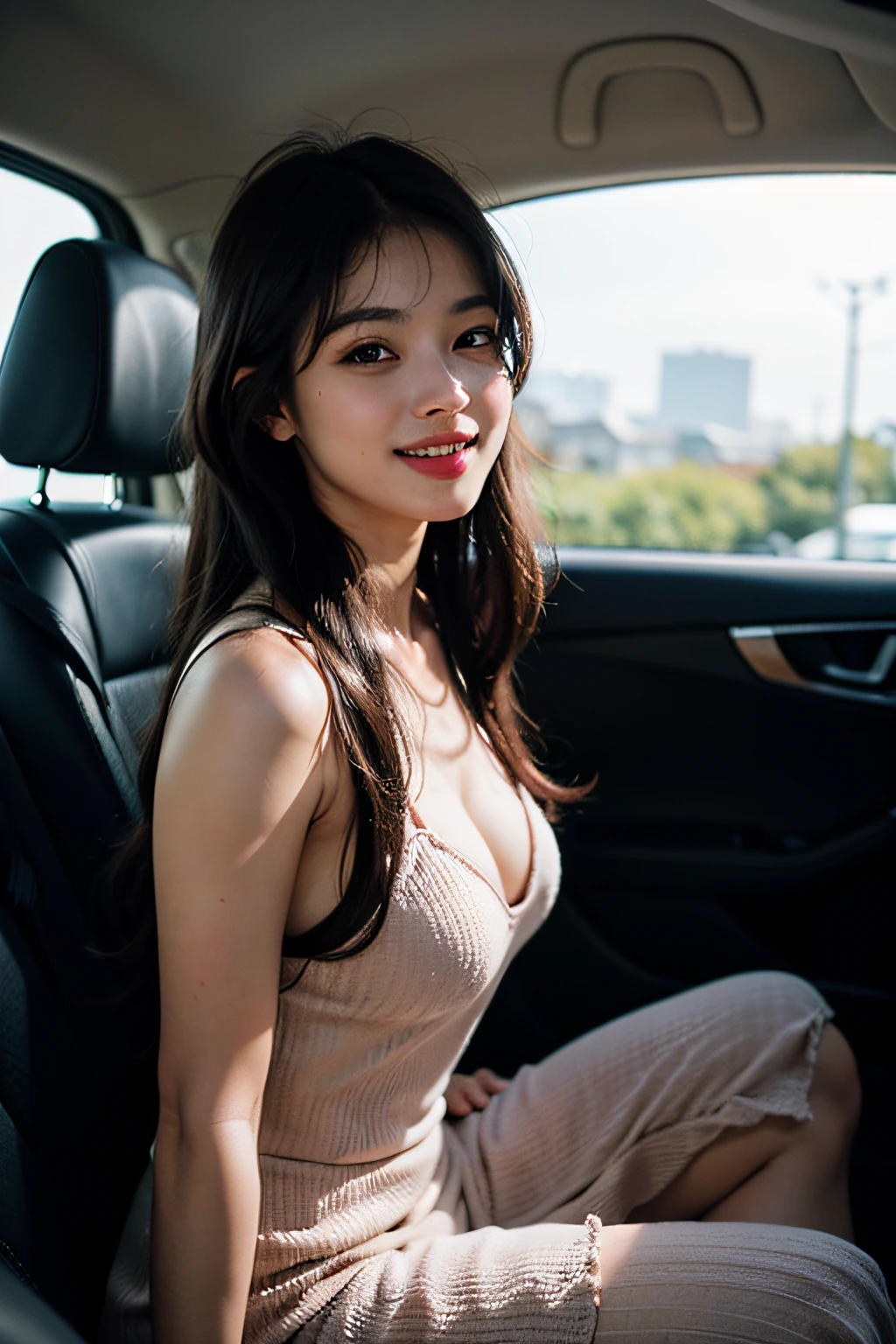 (in 8K、 Raw photography、top-quality,、hight resolution),、(hyper realisitic)、(realisitic),、Soft light、、girl with、Lifelike face、Realistic body、real looking skin、absurderes、masterpiece、Cuties、独奏、Innocent eyes、blusher、Cinema Lights、cherry colored lips、The hair 、a closeup、looking at viewert、 Open lips,、Upper teeth,、(Smiling eyes:0.6)、eyes focus、professionally lit、CG Social Trends、Plastic En、((Black Long Hair))、((Beautuful Women))、(A smile)、Fashionable、(A sexy)、Happy -、fashion magazine、((lighting like a movie))、((inside of a car))、kirakira、Grinning、((Evening glow))、Relaxed、calm、