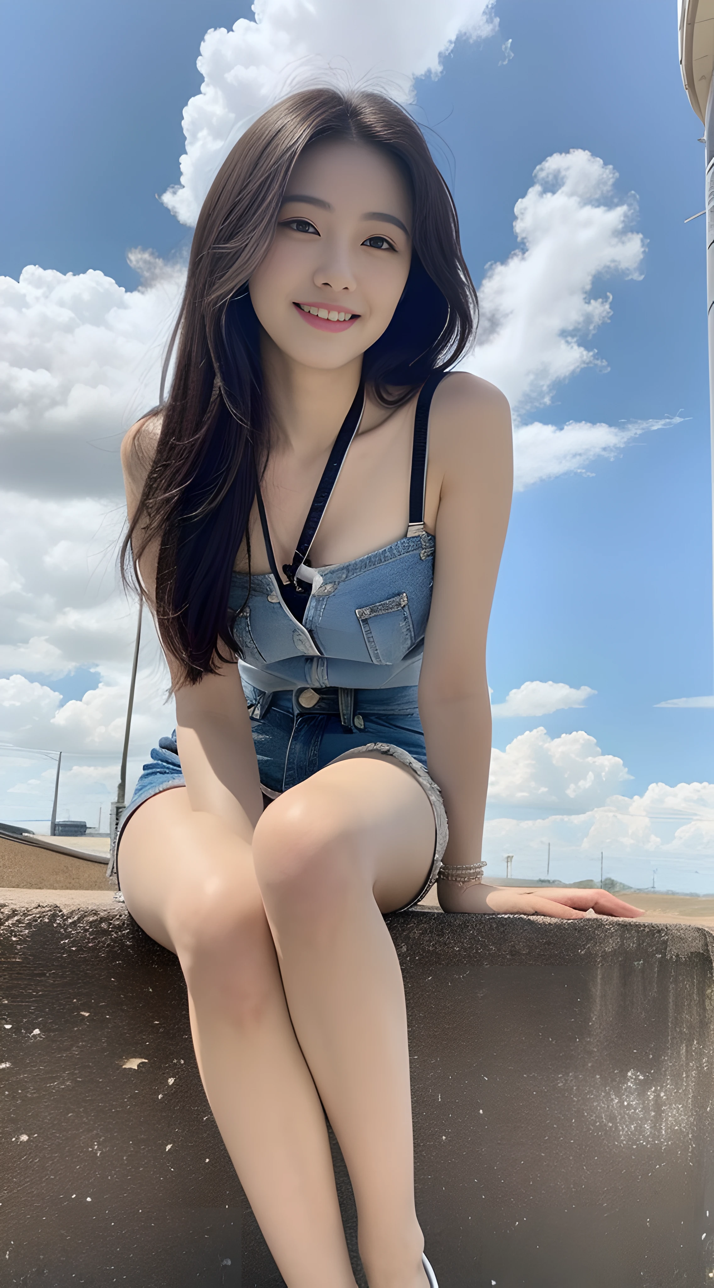 A nice and cute girl，Full body photo，Extremely beautiful and delicate，Black color hair，A sweet smile，Delicate and beautiful fair skin，Realistic and realistic，exquisite and complete facial features，Detailed depiction of the face，tall nose bridge，Smooth hair，extremely detail hair，Feminine temperament，Fill your face light，Tall and tall，Thin，Realiy，Hyper-realism，full body shot shot，Forward tilt angle,Extreme picture quality,Highest precision,Precise and perfect human anatomy。with blue sky and white clouds，Sitting on the Steppe，with blue sky and white clouds，rays of sunshine，cattle and sheep，(Suspenders，Slim-fit shorts)Panties are clearly visible