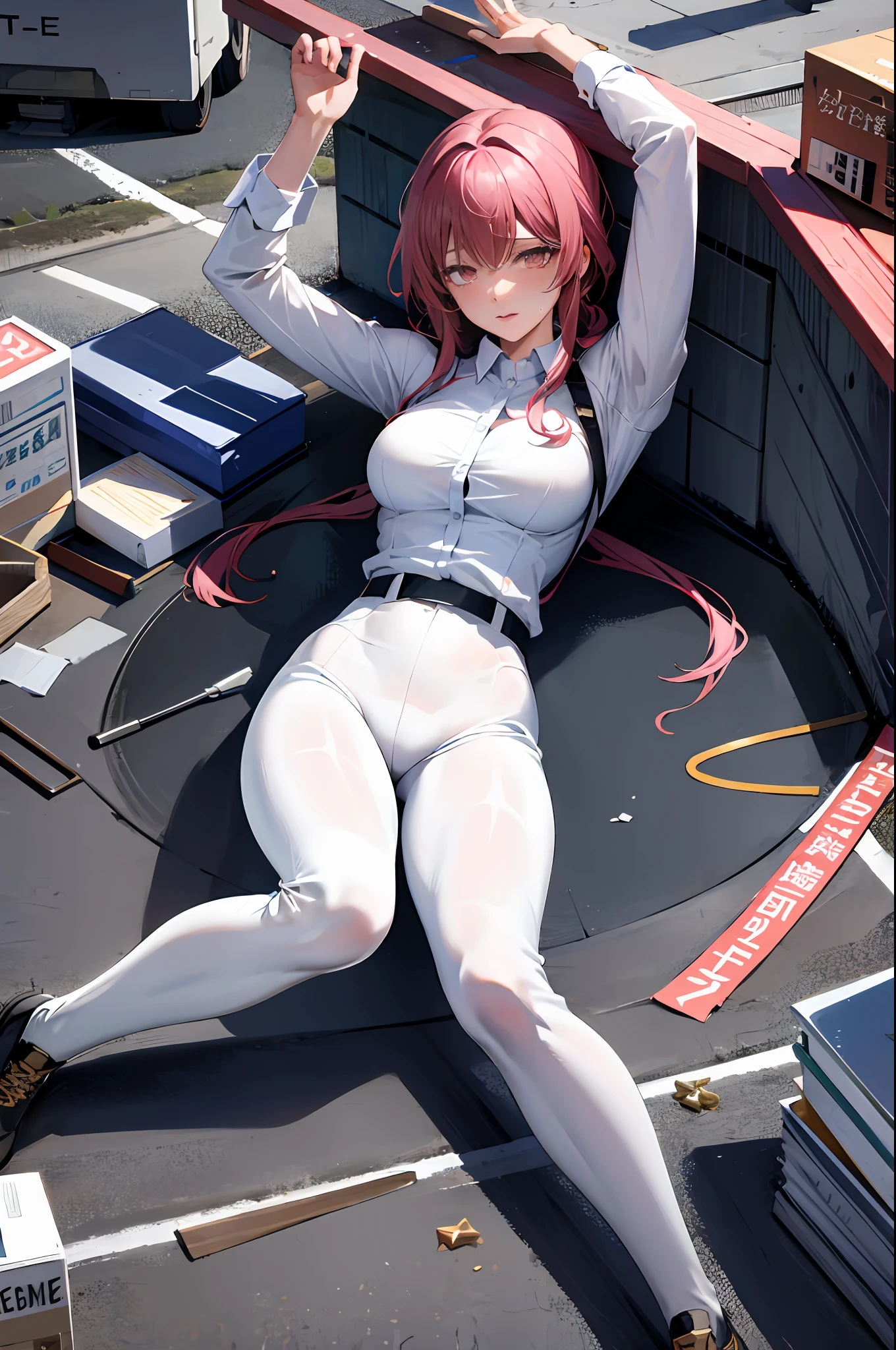 (tmasterpiece,best qualtiy), high high quality,Dewy,((a matural female)),Hands up,Whole body diagram,Defeat,disgrace,lies on the ground,Crying, Blushing,weeping,legs are open,Fuchsia hair, absurderes,perspired, A high resolution, ultra - detailed, iintricate, Beutiful women,makima,Jumpy , Bodybuilding,white shirt ,((office lady)) ,transparent costume, high-waist pants,perspired, Golden eyes,lies on the ground