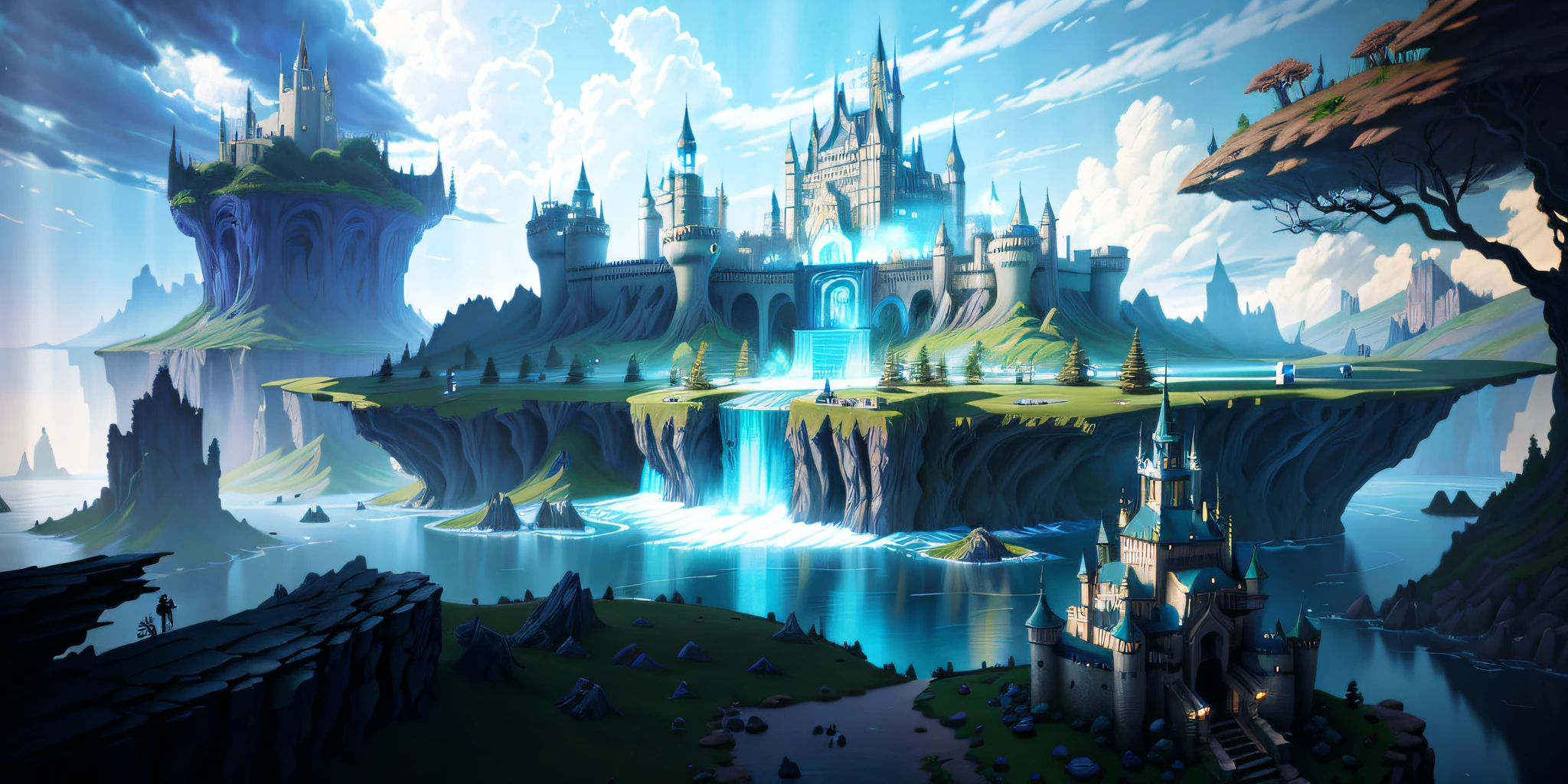 There is a castle in the middle of the lake,with a waterfalls, Fantasy art Behance, magical fantasy 2 d concept art, fantasy concept art, fantasy game art style, Fantasy castle, Detailed digital 2D fantasy art, Fantasy art style, Unreal Engine fantasy art, Digital 2D fantasy art, Epic fantasy digital art style, fantasy world concept, high fantasy castle