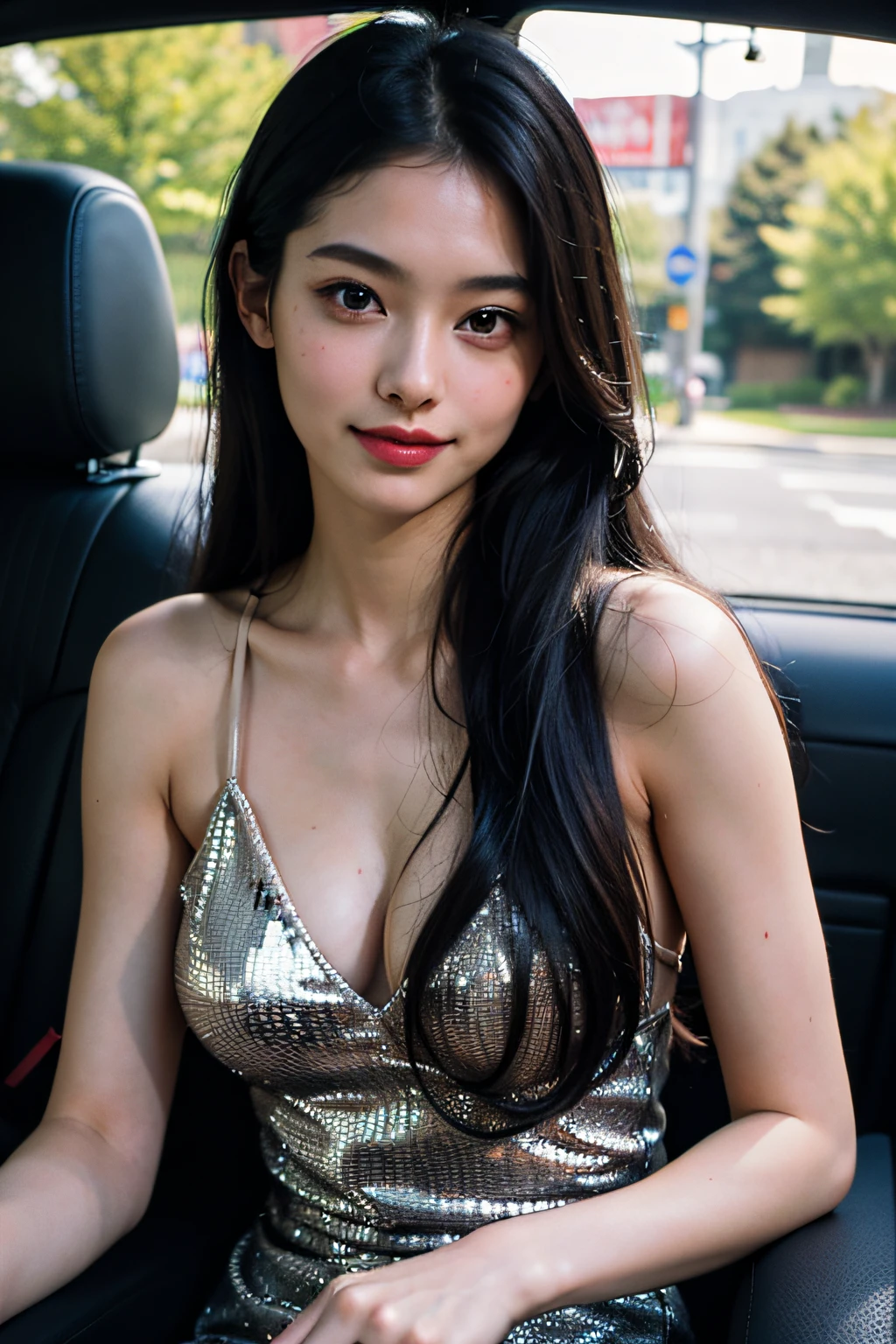 (in 8K、 Raw photography、top-quality,、hight resolution),、(hyper realisitic)、(realisitic),、Soft light、、girl with、Lifelike face、Realistic body、real looking skin、absurderes、masterpiece、Cuties、独奏、Innocent eyes、blusher、Cinema Lights、cherry colored lips、The hair 、a closeup、looking at viewert、 Open lips,、Upper teeth,、(Smiling eyes:0.6)、eyes focus、professionally lit、CG Social Trends、Plastic En、((Black Long Hair))、((Beautuful Women))、(A smile)、Fashionable、(A sexy)、Happy -、fashion magazine、((lighting like a movie))、((inside of a car))、kirakira、Grinning、((Evening glow))、Relaxed、calm、