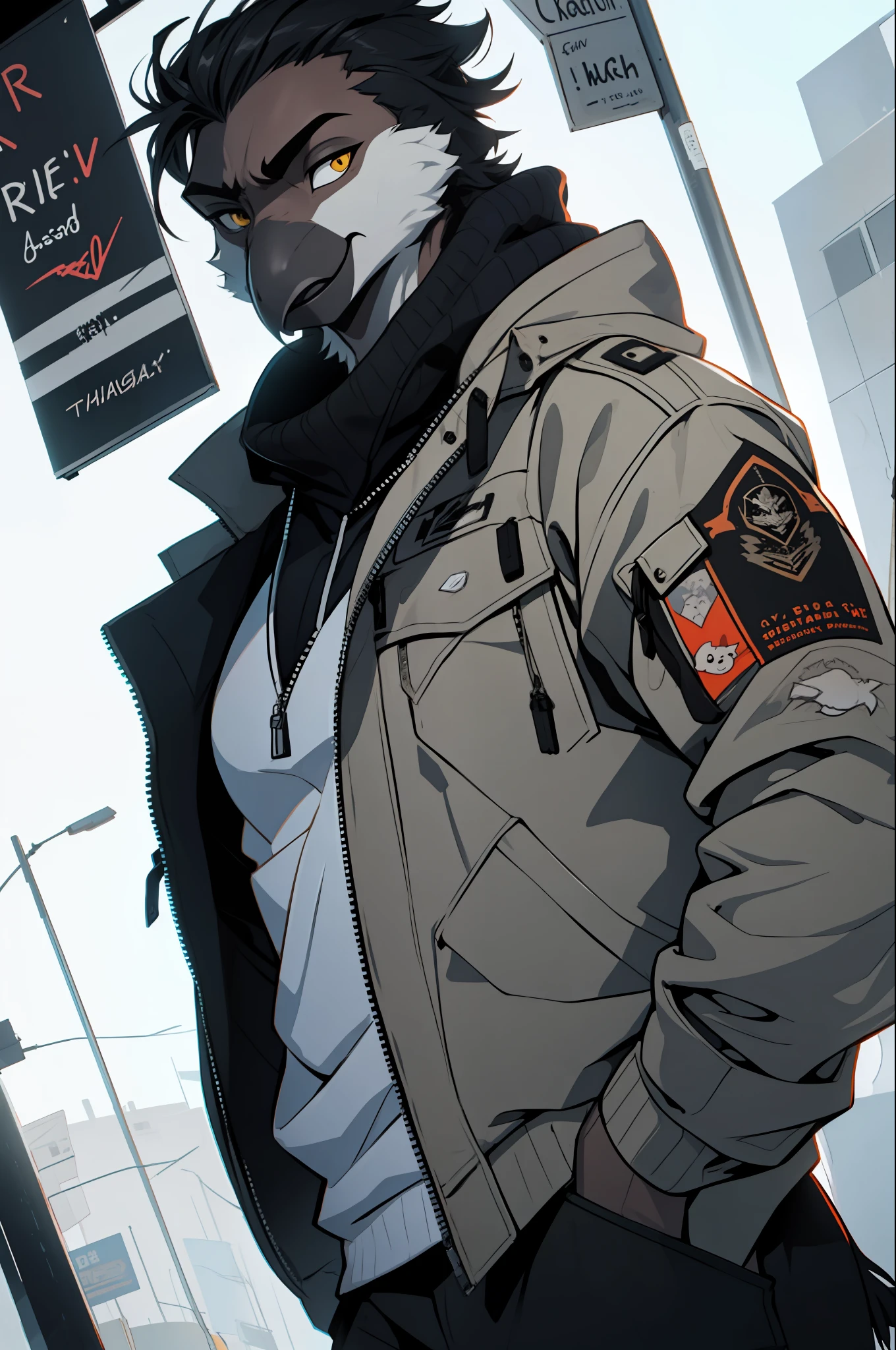 anthro bird, ((asas)), macho, corpo inteiro, retrato, bico, Jaqueta bomber, inverno, Dutch angle,