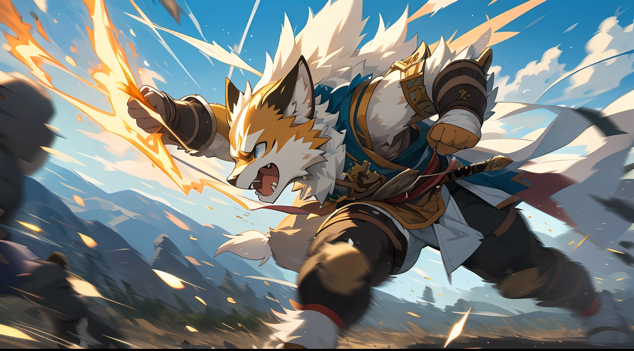 top quality, high-quality illustrations((masterpiece))depth of field, motion blur, absurdres, Perfect Anatomy, magnificent picture of kemono fighting fierce battles, kemono, 1boy, solo focus, Anthro((dramatic))epic, weapon, dynamic pose, One scene of movie,