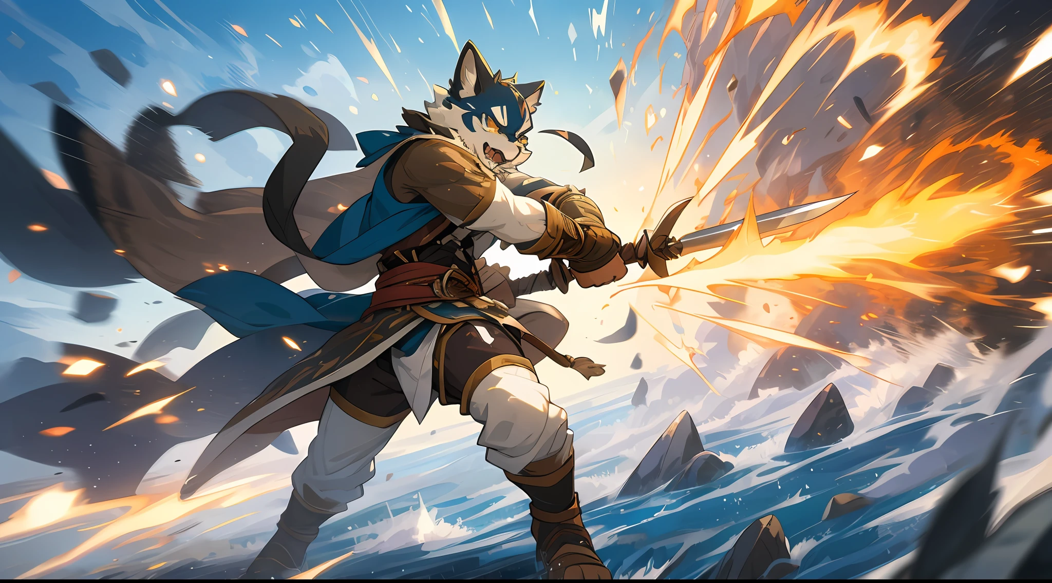 top quality, high-quality illustrations((masterpiece))depth of field, motion blur, absurdres, Perfect Anatomy, magnificent picture of kemono fighting fierce battles, kemono, 1boy, solo focus, Anthro((dramatic))epic, weapon, dynamic pose, One scene of movie,