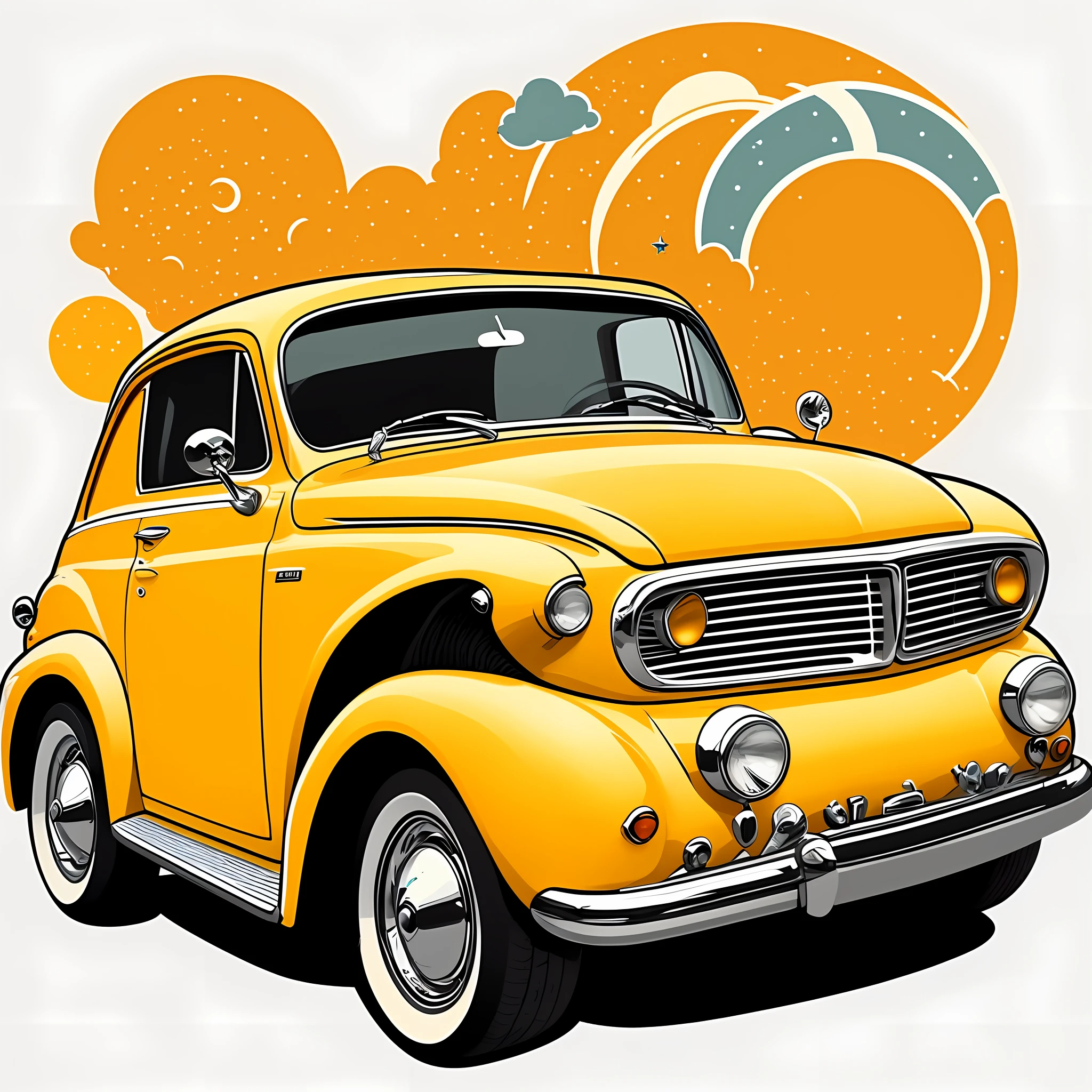 There was a yellow car，There is a star at the top, Vintage car, Vintage illustration, !!! very coherent!!! vectorial art, vehicle illustration, vectorial art, author：Craig Thompson, vectorial art, in style of digital illustration, author：Ivan Trush, detailed vectorart, made with illustrator, Commercial illustration, Vintage car, full-colour illustration, author：Lee Loveridge sticker style