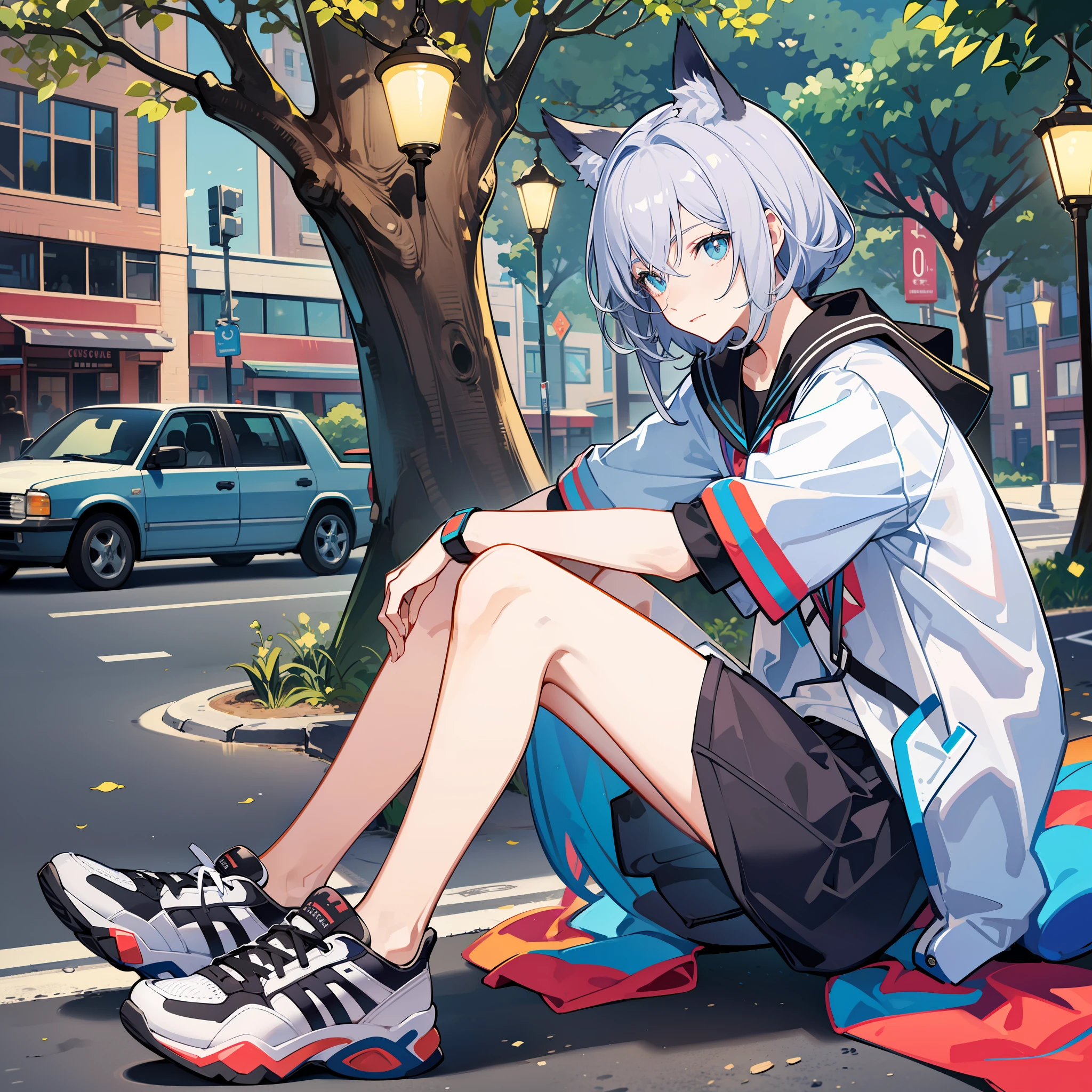quadratic element,On college campuses,schoolboy,White casual wear,Black sports shorts,Casual sneakers,Gradient color,Silvery hair,8K anime style,A man sits under a tree,There are lights and cats next to it,deep in the night,at the street side,tmasterpiece,best qualtiy,Ray traching