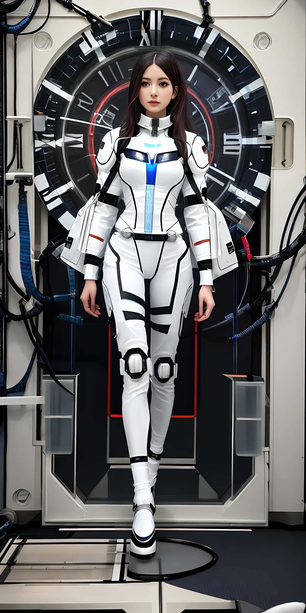 Arapefi, dressed in a white tights, stands in front of the clock, porcelain cyborg armor, cyborg tech on body and legs, science fiction suit, white cyborg fashion shot, Wear futuristic space gear, science fiction suit, futuristic spacesuit, cyborg fashion model, biopunk futuristic wardrobe, cyborg fashion shot, beautiful woman in spacesuit, Sci-fi spacesuit