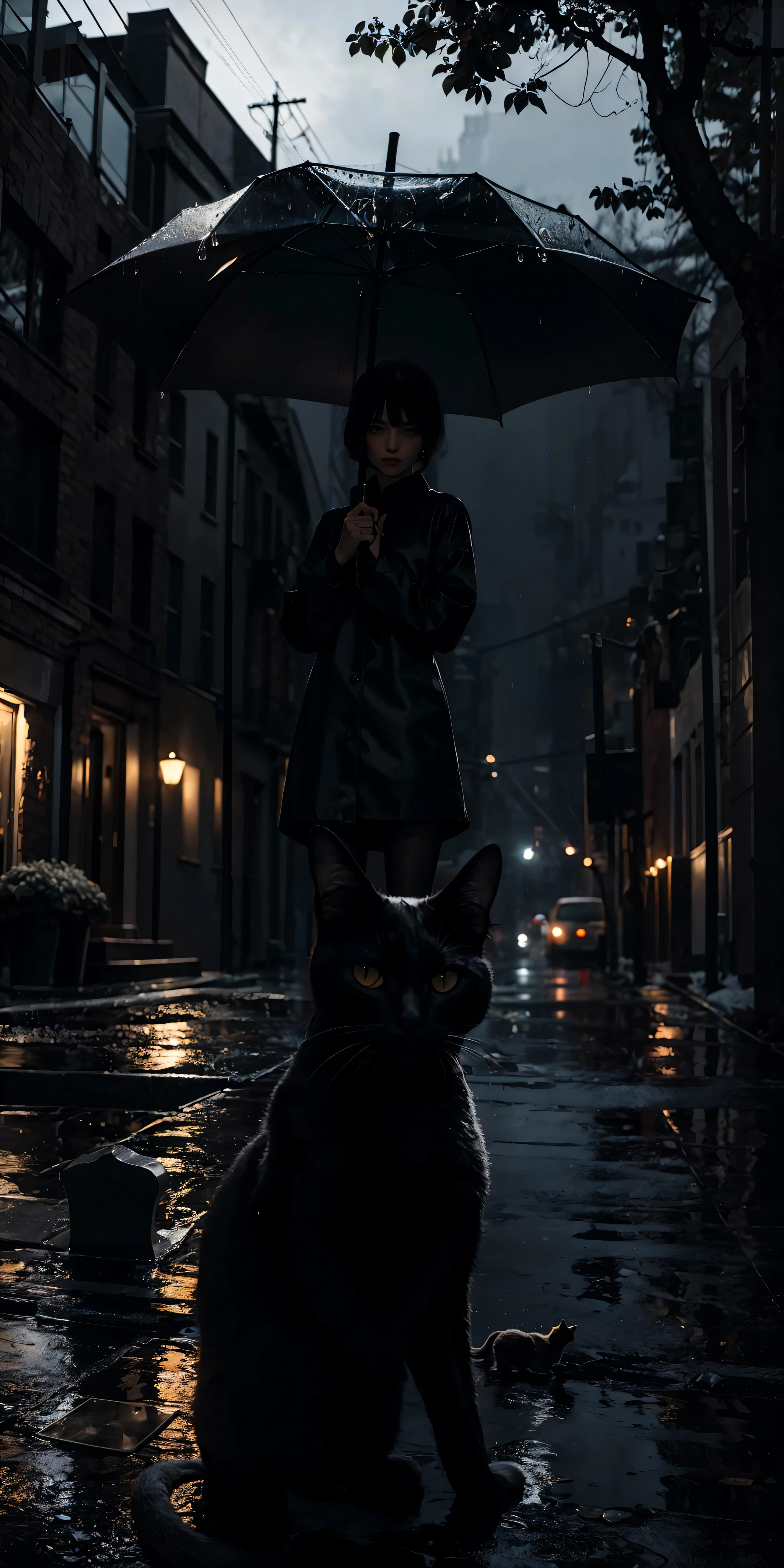 photorealistic, best quality, masterpiece, rainy graveyard, black cat dark theme, dim light, nether, chthonian, gloominess
