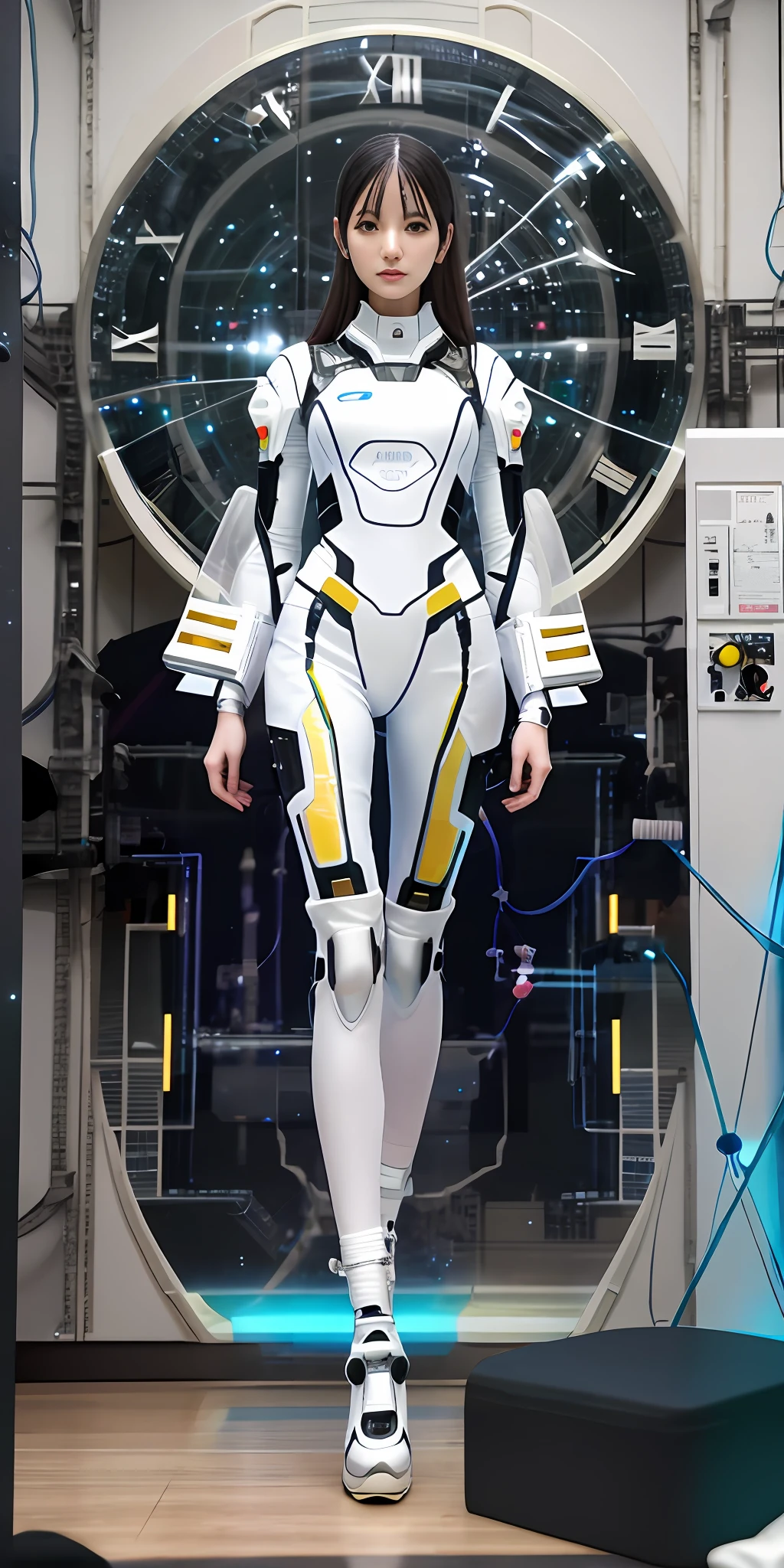 Arapefi, dressed in a white tights, stands in front of the clock, porcelain cyborg armor, cyborg tech on body and legs, science fiction suit, white cyborg fashion shot, Wear futuristic space gear, science fiction suit, futuristic spacesuit, cyborg fashion model, biopunk futuristic wardrobe, cyborg fashion shot, beautiful woman in spacesuit, Sci-fi spacesuit