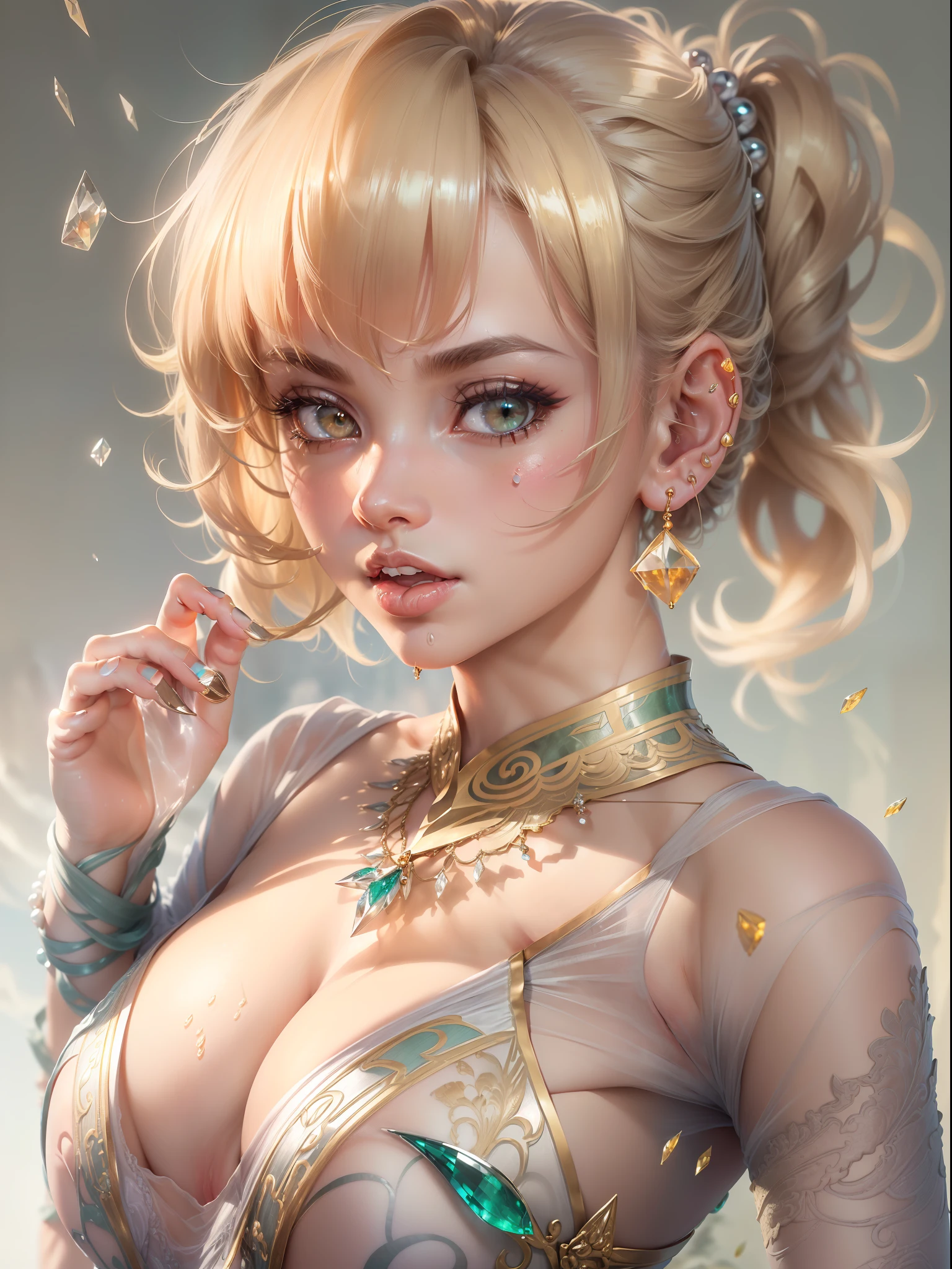 (RAW: 1.2), (Realistic: 1.4), (Clarity: 1.4), (A Woman), 16 years old, (((Height: 2.0))), ((Obesity: 1.6))(((Tongue studs), (Lip nails), (Umbilical nails), Gemstones Refract dazzling light))), ((Breasts: 1.8), (Areola: 2), (Abs: 0.7), (Buttocks: 2.0), (Pale skin, thin skin, seductive expression, Double eyelids, jelly textured lips, glowing lips, Cherry small mouth, small upturned lips, lip studs under the lips, pattern under the eyes, gold pattern tattooed on the forehead, diamond setting on the forehead, shiny hair on the forehead, (((flawless skin texture))), real pores, textured skin, (wearing gems, pearls, emerald, amber,), (dynamic hair, high ponytail hairstyle, beaded hairpins, layered hair, wet hair, loose hair, wet skin texture), sweat dripping all over, shiny skin, glowing skin, radiant, eyes looking at the camera, High Quality Detail, Cinematic Lighting, ((Backlight)),Absurd, Unbelievably Ridiculous, Huge File Size, Ultra Detailed, High Resolution, Very Detailed, Best Quality, Masterpiece, Illustration, Very Detailed, CG, Unified, 8k Wallpaper, Amazing, Fine Detail, Masterpiece, Light on Face, Backlight, Cinematic Lighting, (((Wide Angle Lens)))), (((Fisheye))), ((Side to Lens)), ((View from below)), ((Height Jumper's Stature Proportions)),((( No panties)))),(((No pants)))),(No socks)))),((No skirt)))),((No shoes)))),(Barefoot))),((Dynamic Pose)), (Fighting Stance))), ((Whole body))), ((Leg Raise)), (Leg Apart)))), (Greek Foot), (Carefully Groomed Nails),(((Delicate Small Toes, Perfect Toes)))), (Camel Toes),((Correct Body Structure)),((( Correct dissection))),(((Clothing: transparent cheongsam made of transparent plastic, high slit design))),(Gemstones, diamonds, pendants, necklaces, waist chains, stud earrings, earrings, bracelets, anklets)),(((Sword flying, clothes fluttering in the wind))),(((Cloudy and Void World))),(Flying sword with gemstones))),(Golden runes painted on the body))),((Body floating in the air, feet in the air, toes off the ground, fl