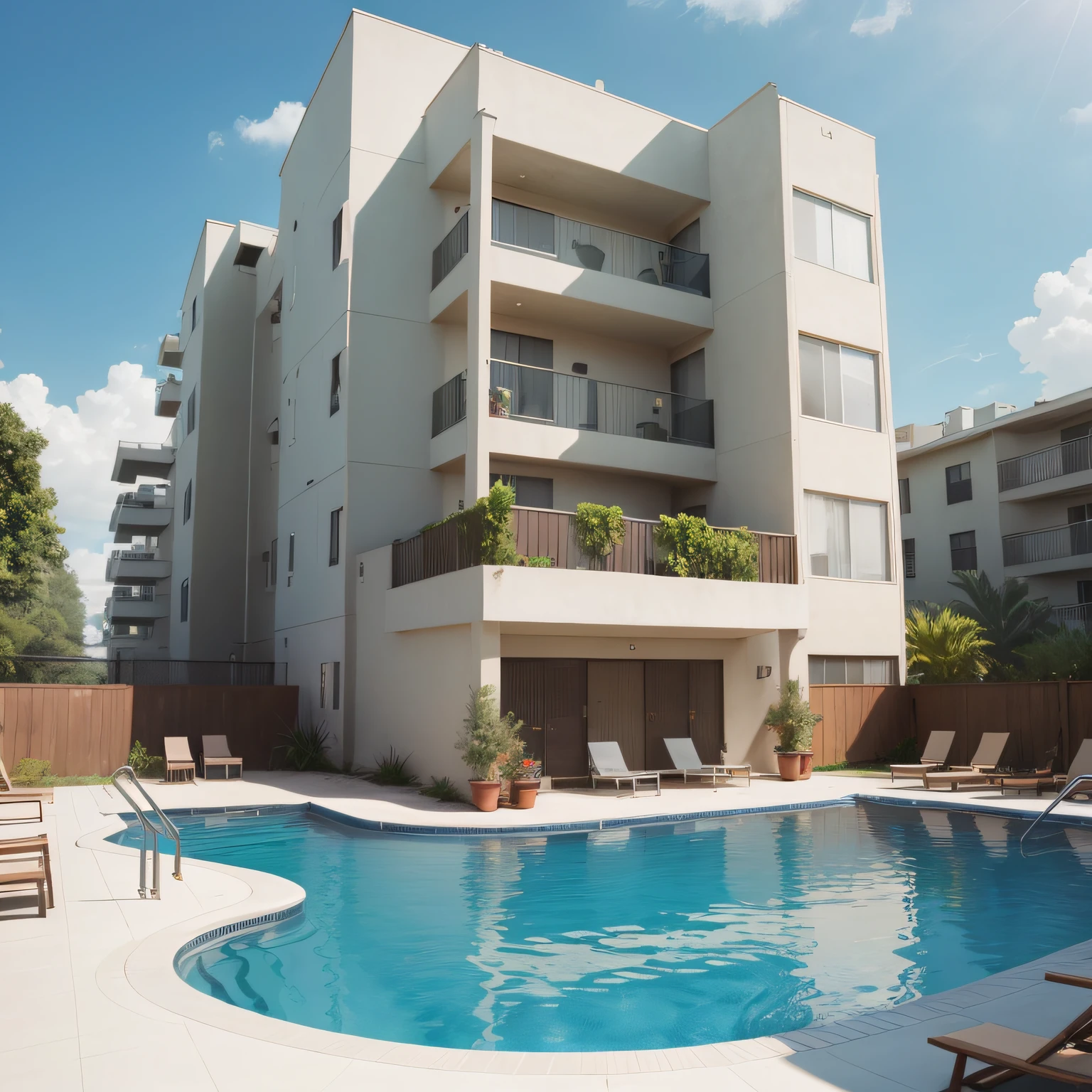 generate a realistic photo of a condominium pool in panoramic view --auto