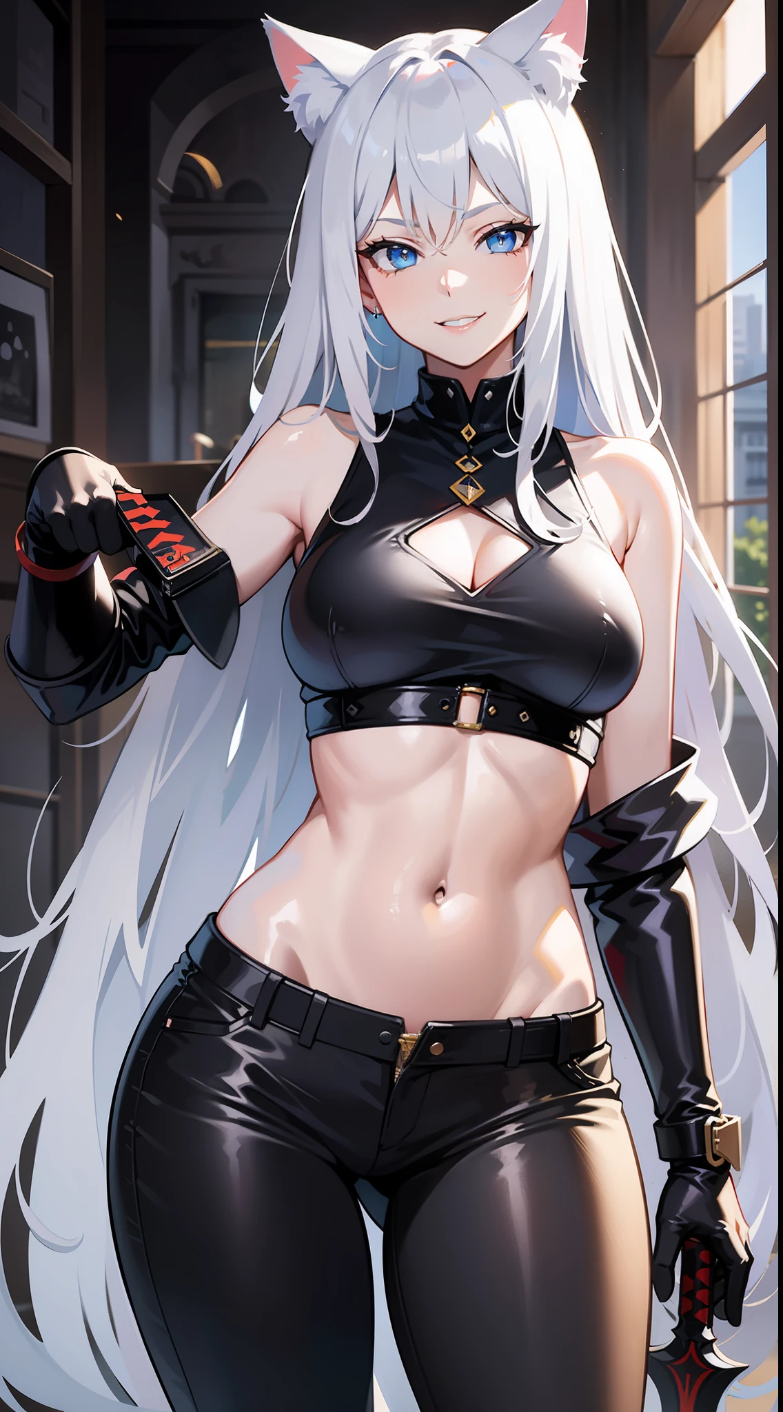 Tall girl, Long white hair, cat ears, blue eyes, Leather armor, Sleeveless, open belly, pants, smirk, a sword, Masterpiece, hiquality