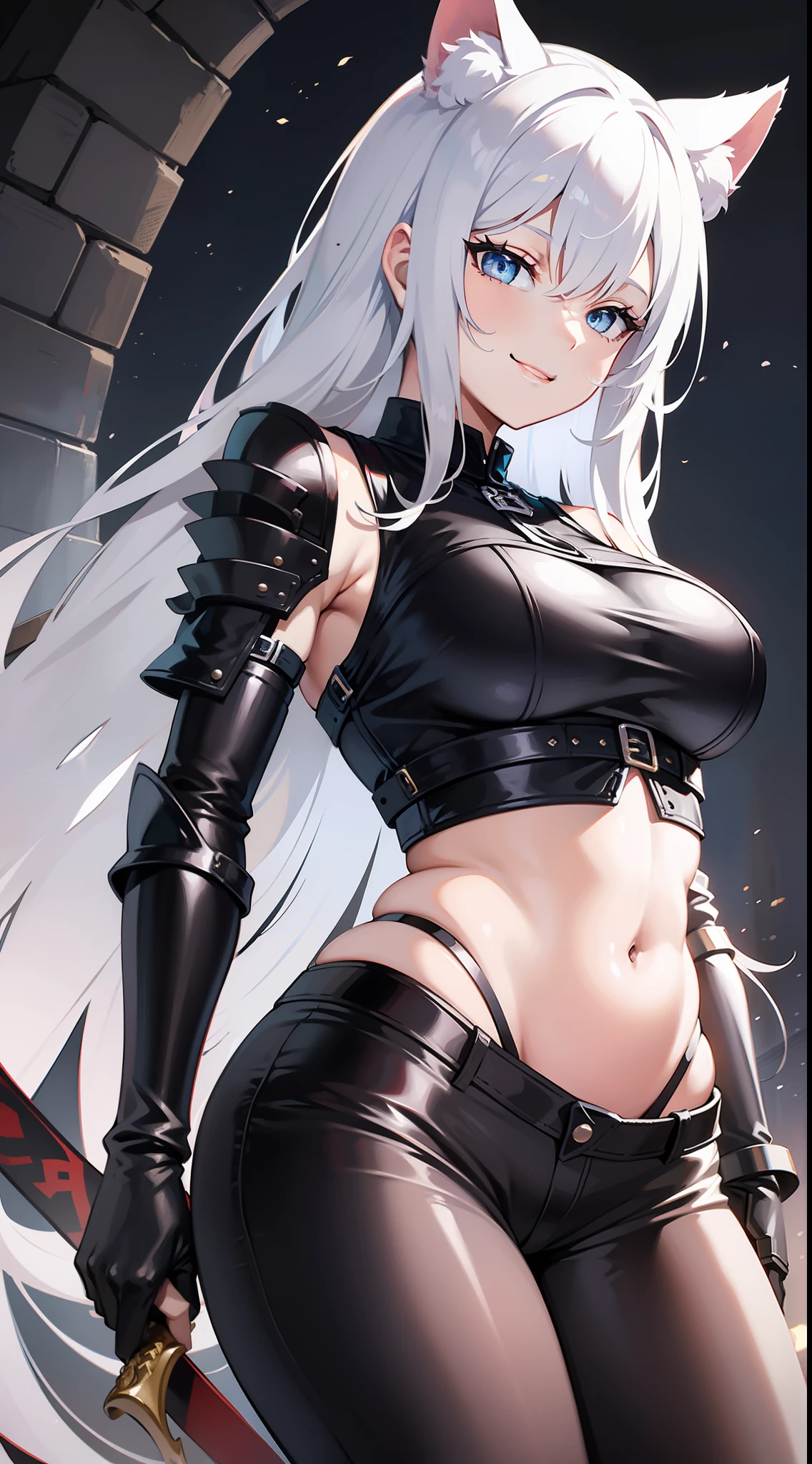 Tall girl, Long white hair, cat ears, blue eyes, Leather armor, Sleeveless, open belly, pants, smirk, a sword, Masterpiece, hiquality