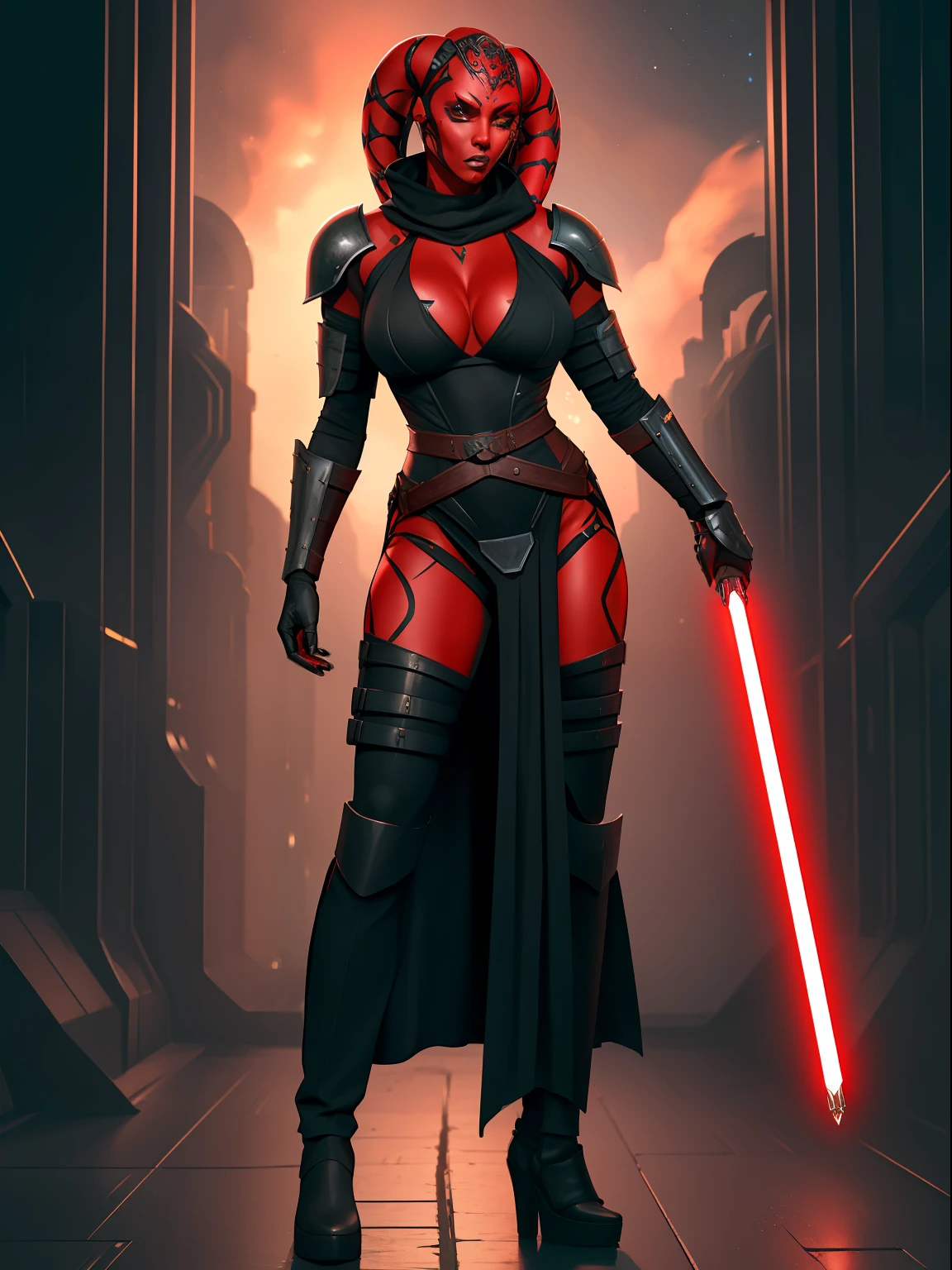 armor, busty, ((red skin), twi'lek), dual red lightsabers, evil space knight, space ninja, (wearing heavy black armor, hip armor, pelvic curtain, robes, black stealth armor, breastplate, tunic, tabard, cowl, cloak, body glove, straps, buckles, skirts, long sleeves, fantasy, ((armor))), ((busty), slender body, thin, slim sexy body, slim waist, ((gigantic breasts))), Imperial starship, Star Wars,