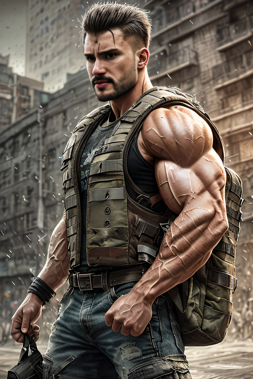 strong muscular man, street angry, backpack, epic realistic, photo, faded, complex stuff around, intricate background, soaking wet, neutral colors, ((((hdr)))), ((((muted colors)))), intricate scene, artstation, intricate details, vignette
