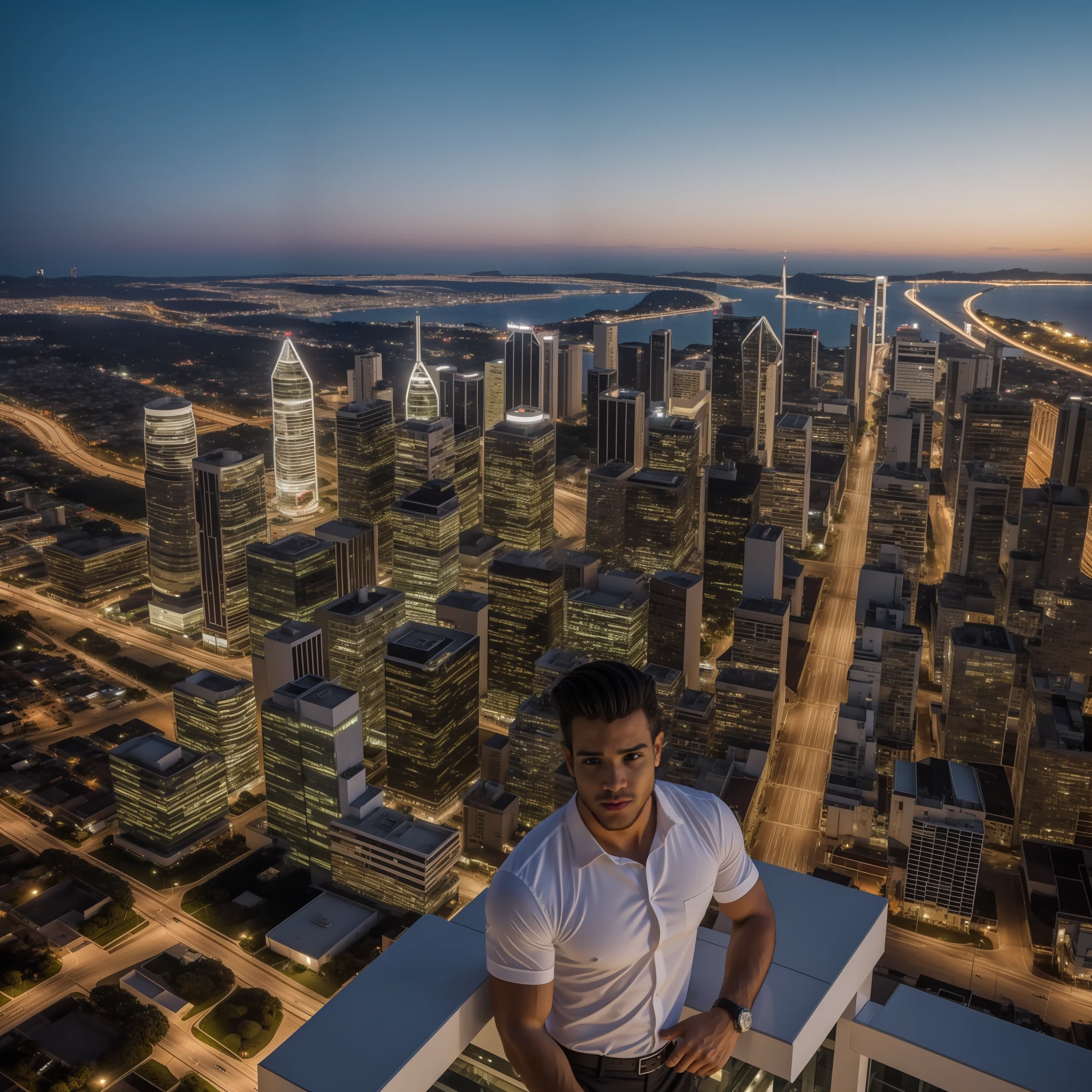 Homem jovem, cabelo curto cacheado, cabelo castanho, topete, olhos verdes, branco, magro, bem vestido, terno e gravata, apenas 1 homem sozinho, ultra qualidade 8k, best ilumination, paisagem de cidade, Buildings, highrise, Businessman