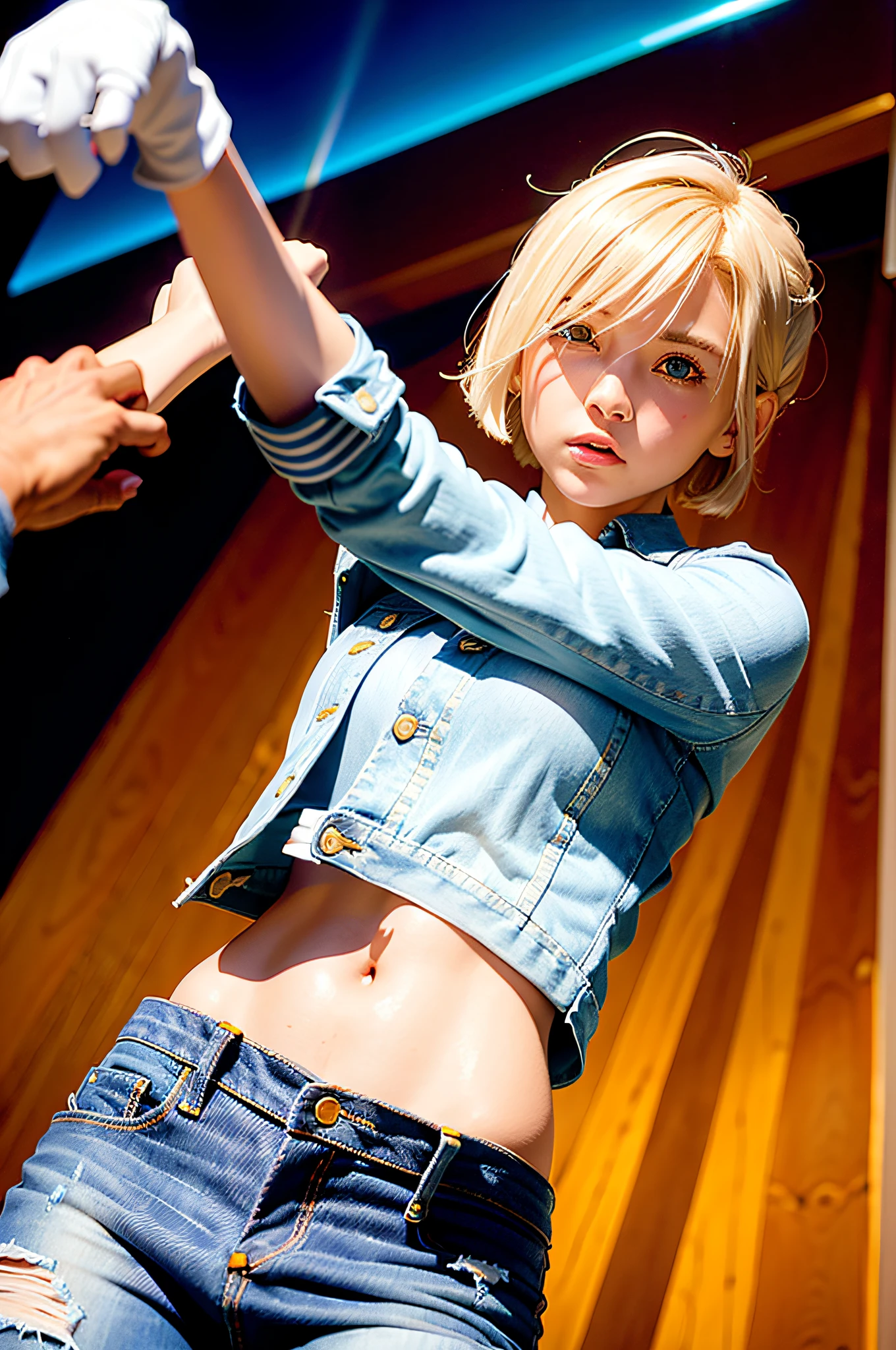 (((1 girl, cute, denim jacket, white top, jeans, Gloves, blond, short hair, bob hair, side parted hair, blue eyes))), (((blond hair))),
dynamic poses, manga style, depicting a group of characters in various action scenes, from intense battles to lighthearted moments, with dramatic speed lines and bold sound effects, capturing the excitement and energy of the story, Laser rays from the palm of hand, Attack forward with palm, yellowstone park, Grand Canyon,