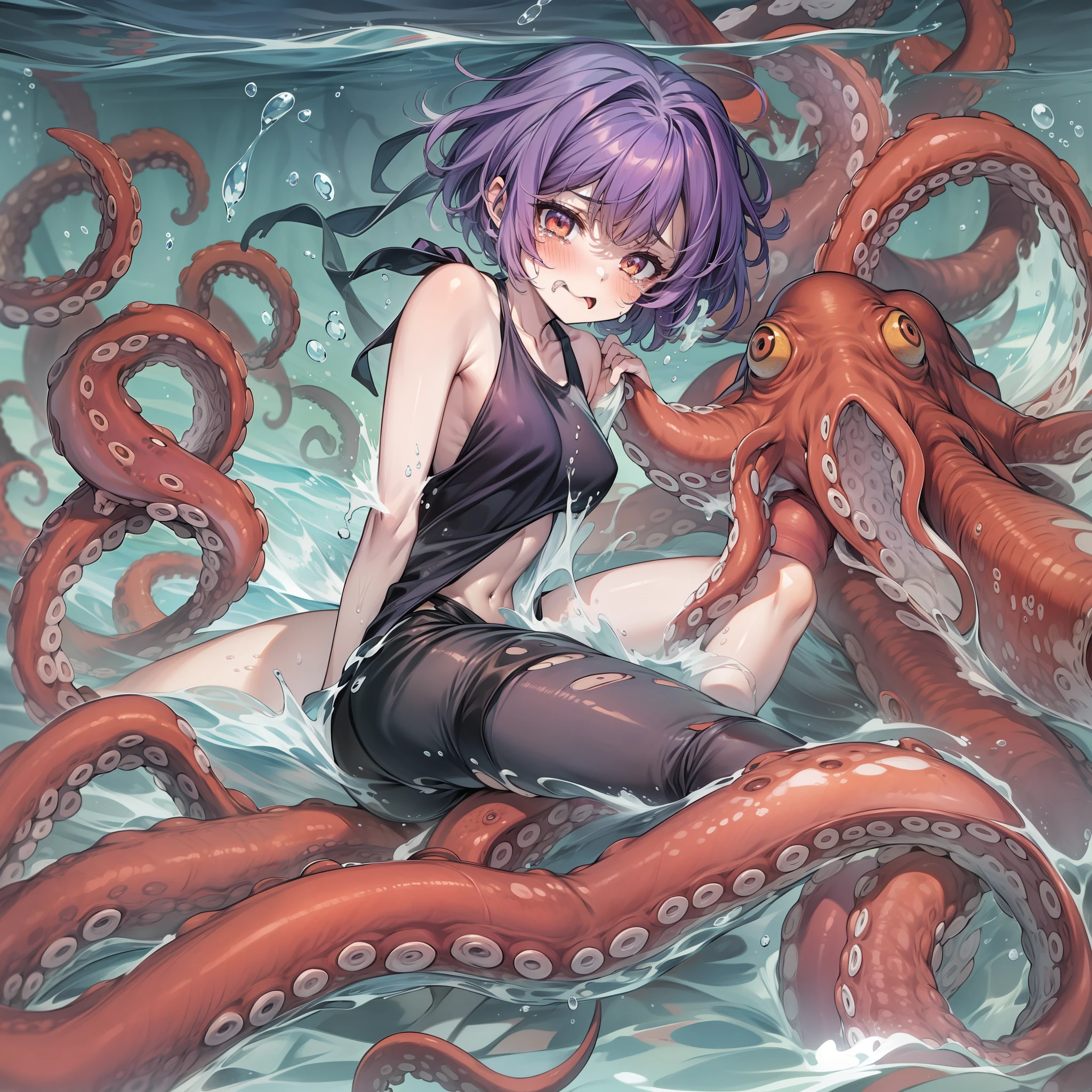 one girls、obscenity、Metamorphosis、small head、Purple Shorthair、big orange eyes、red blush、Tears、tongue、Desperate look、,Tears、Short pants、Torn white tank top、Navel Ejection、Tentacles are touching the crotch、Tentacles grab the buttocks、１Giant Octopus、under the water、