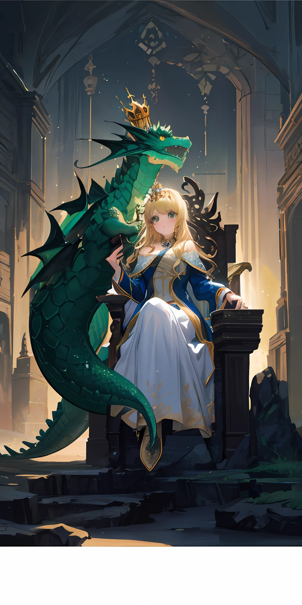 A dragon puts a crown on the girl，A green dragon，Girl in white and gold clothes，Royal style，The girl sits on the throne，The dragon puts on the crown for the girl，Girl has blonde hair，Fantasy dragons, Fantasy style 8 k， Fantasy art Behance, 2. 5 D ，anime fantasy artwork,