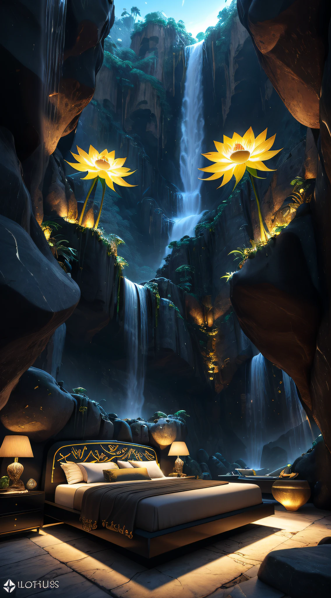 incredible luxurious futuristic bedroom interior in Ancient Egyptian style with many lush plants (lotus flowers:1.5, palm trees:1.4, rocky walls, sand:1.5, waterfalls:1.5) marble, precious minerals: 2, metals, gemstones, crystals, clouds and water:2, ((curvy futuristic furniture)), crocodiles, hieroglyphics: 1.5, ultra luxury:2, black marble – with beautiful lights:1.5, Unreal Engine, HQ, 16k