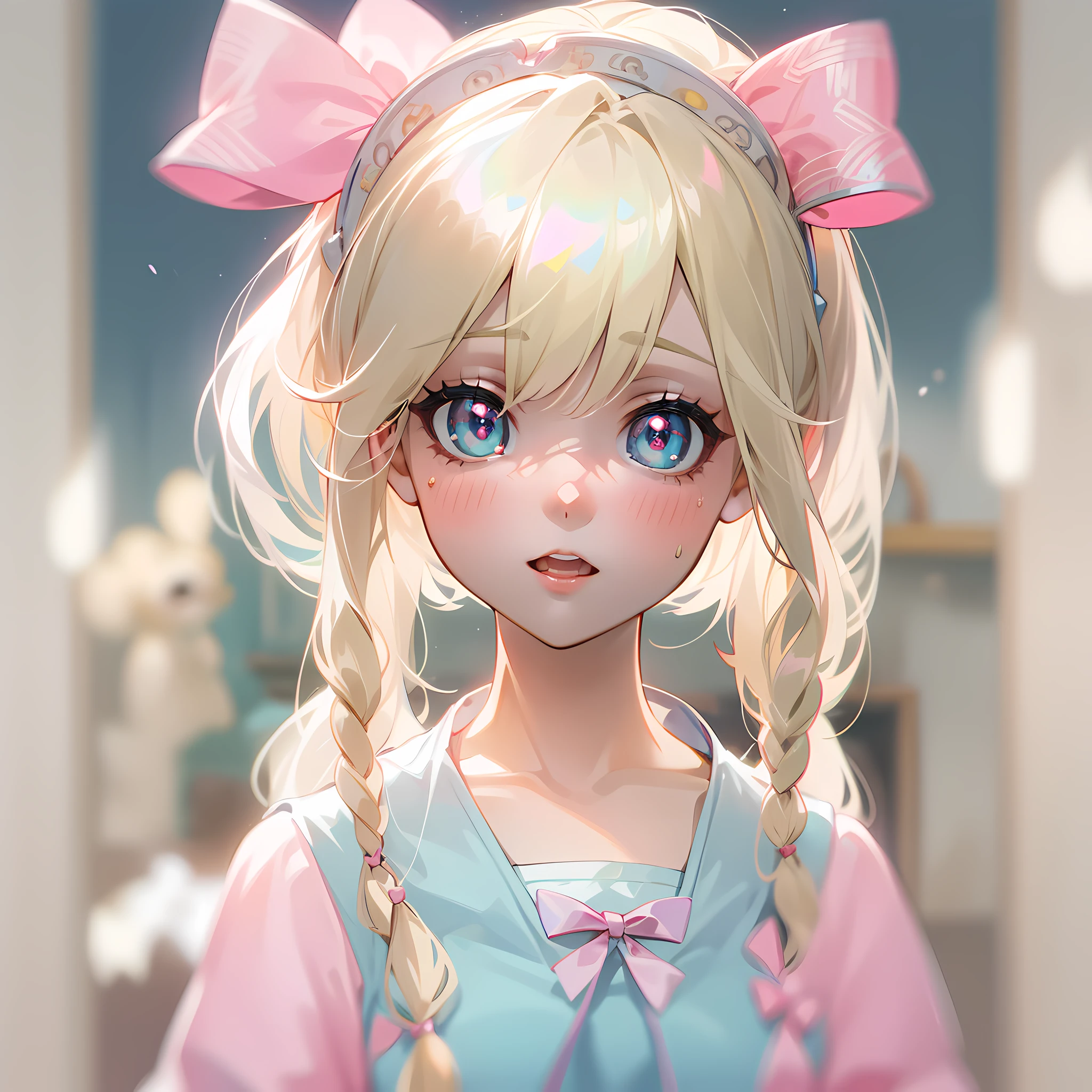 8K,blond girl,Stupid cute,china doll face,Wear a pink bow on her head,Light blue pupils,whiteskirt,Need,tmasterpiece,White filament