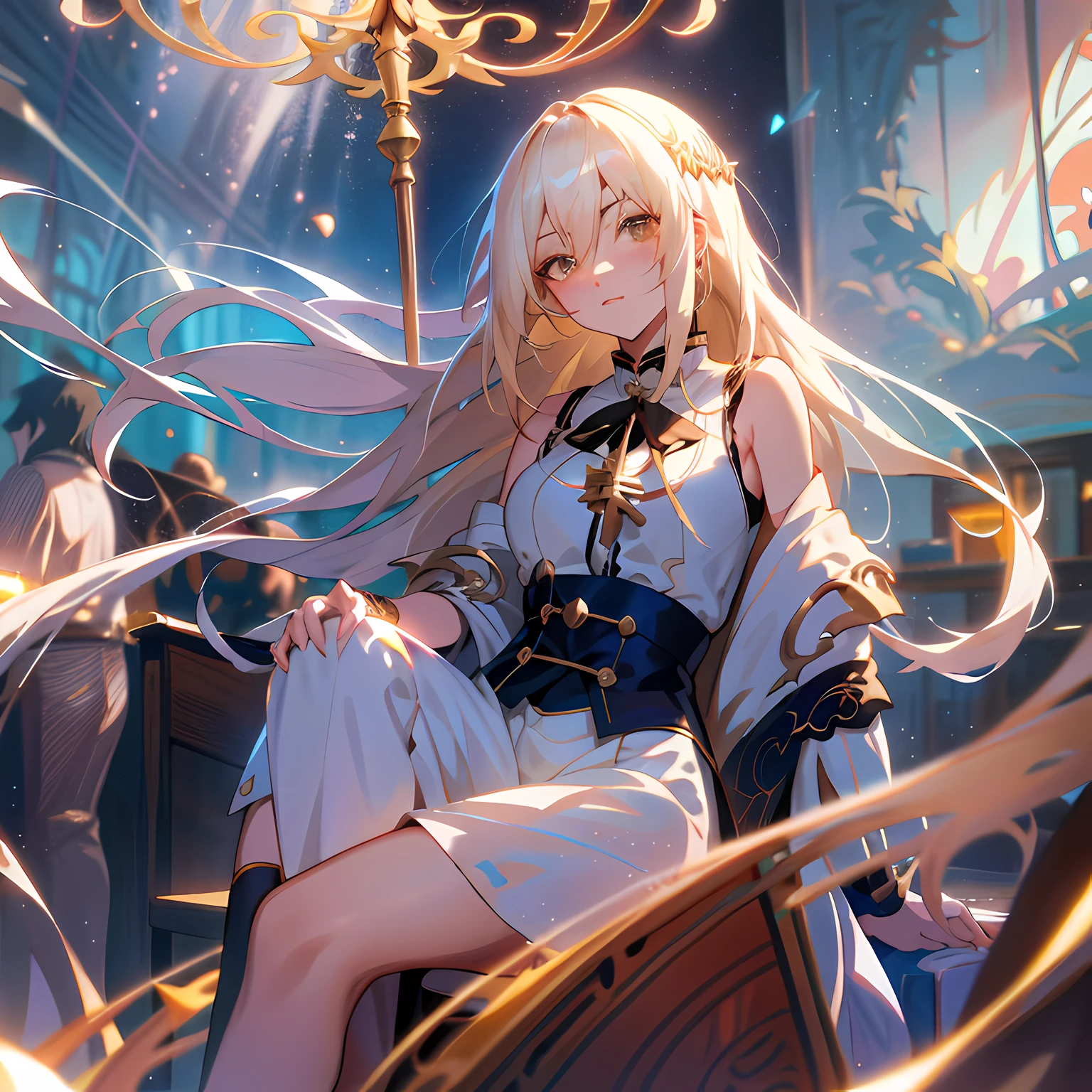 Anime girl with long white hair sitting on a table with a gold lamp, Best anime 4k konachan wallpaper, Guweiz in Pixiv ArtStation, Smooth anime CG art, Kushatt Krenz Key Art Women, Girl with white hair, Guweiz on ArtStation Pixiv, Blonde anime girl with long hair, trending on artstation pixiv
