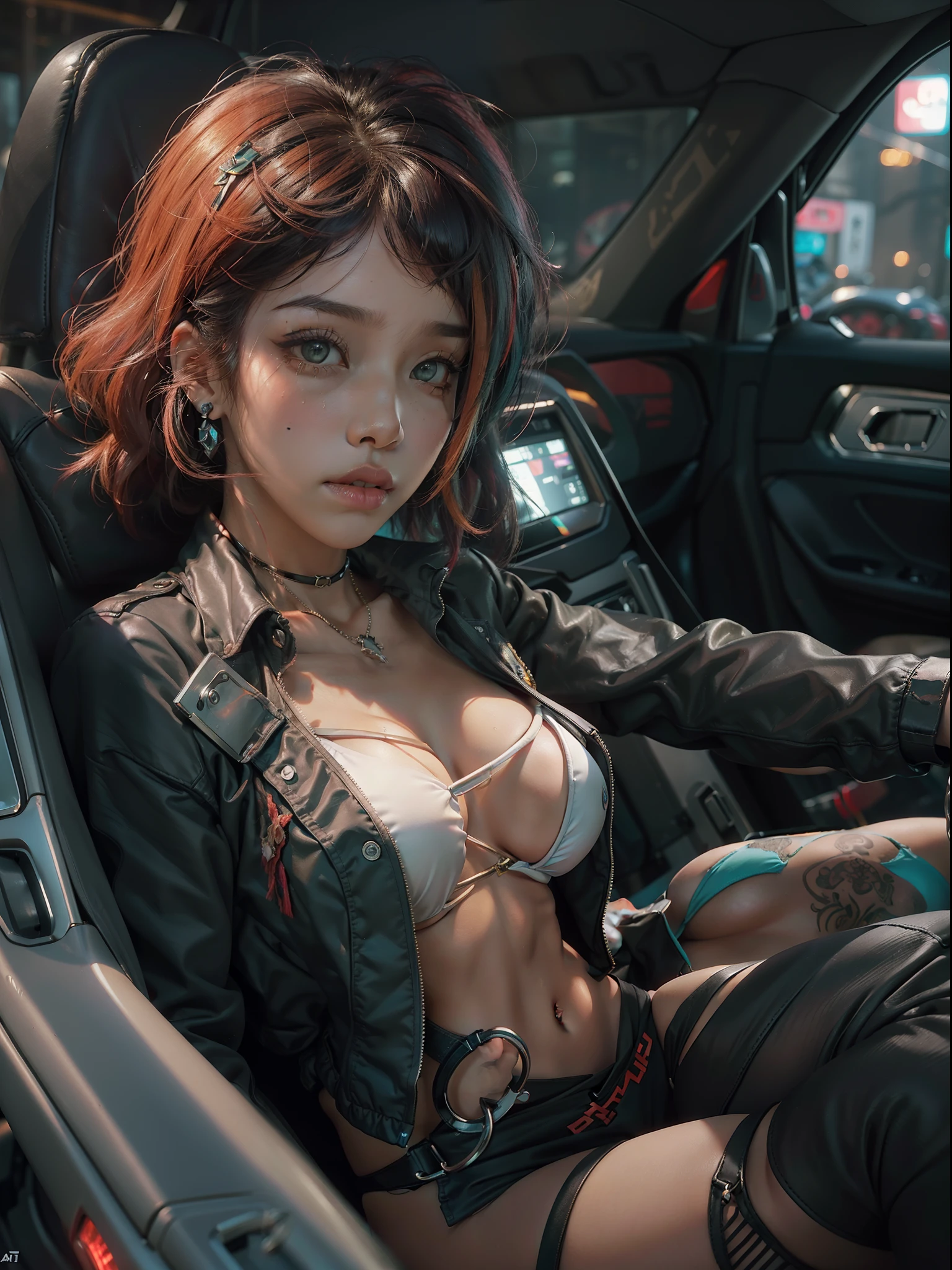 ((Cardi B as Jinx from League of Legends, Lolita prostitute)), ((in the back seat of a police car, breasts pressed together, handcuffed, hands out of view, hands behind her back, crying real tears, sad)), hysterical crying, emotional breakdown, (((criminal, under arrest, erotic, hentai))), seductive, (looking at viewer from the back seat of a police vehicle), (interior of a realistic cop car, ray tracing, octane render), hyperrealism, unreal engine, perfect composition, perfect render, perfect lighting, cinema 4d, 3dcg, 8k vector photography, hyperrealism photography, busty, young, teen, high resolution perfect body perfect face perfect hands perfect fingers perfect breasts 8k, (((micro bikini, all black schoolgirl uniform, camel toe, areolas protruding areolas indentation breasts swinging freely))), ((green eyes, half Asian half Spanish, mixed girl, fit,)) ripped, Six pack abs, (((super thick, small waist, short red hair with bangs and highlights,))) emerald eyes, beautiful eyes, captivating, alluring, lolita hair ornaments, Tank Girl, punk style, cyberpunk, vaporwave, Tokyo, midnight, realistic lighting, realistic environment, detailed outfit, realistic facial features, ((perfect angle, perfect pose, focus on face camel toe and breasts))