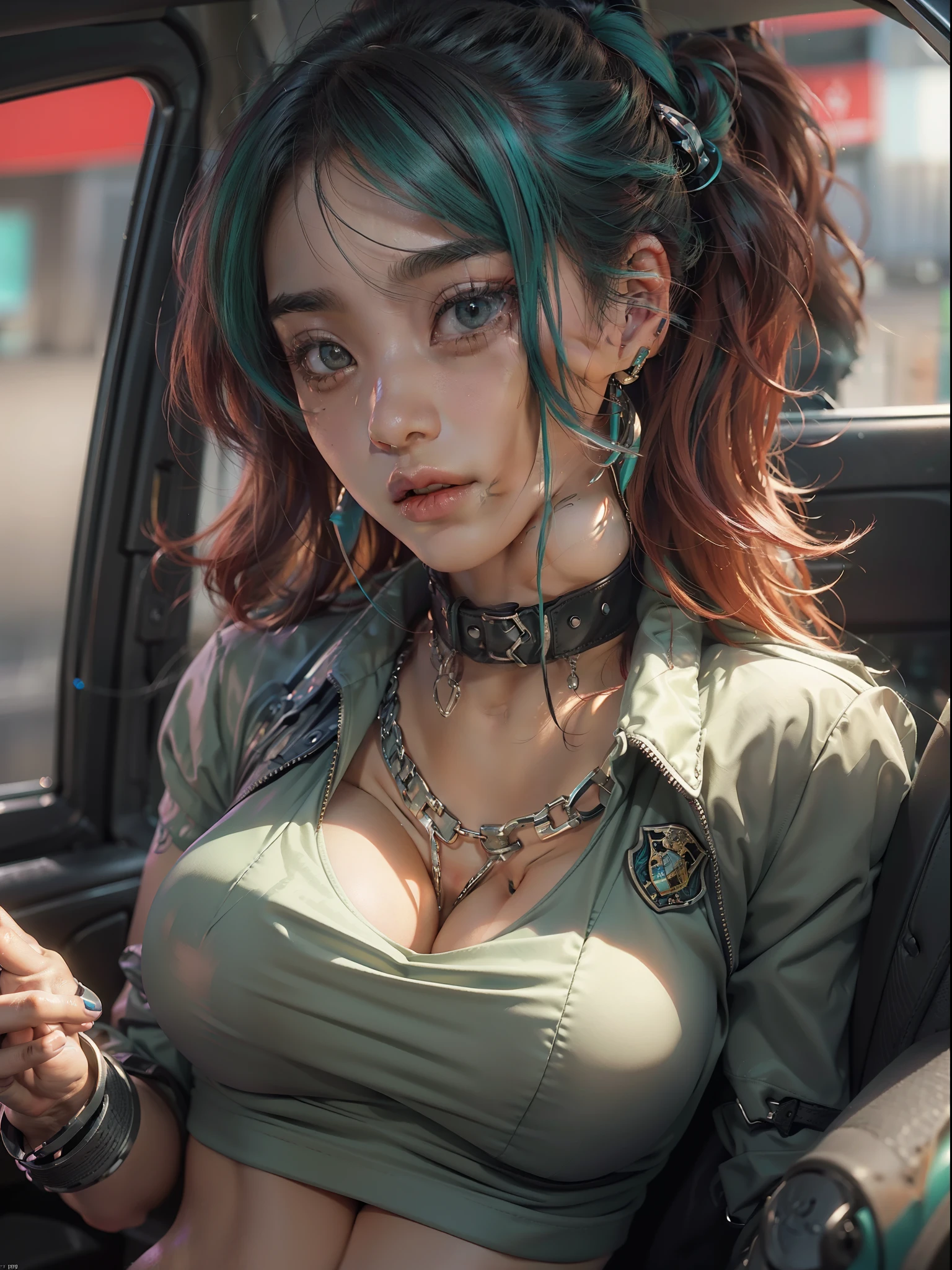 ((Cardi B as Jinx from League of Legends, Lolita prostitute)), ((in the back seat of a police car, breasts pressed together, handcuffed, hands out of view, hands behind her back, crying real tears, sad)), hysterical crying, emotional breakdown, (((criminal, under arrest, erotic, hentai))), seductive, (looking at viewer from the back seat of a police vehicle), (interior of a realistic cop car, ray tracing, octane render), hyperrealism, unreal engine, perfect composition, perfect render, perfect lighting, cinema 4d, 3dcg, 8k vector photography, hyperrealism photography, busty, young, teen, high resolution perfect body perfect face perfect hands perfect fingers perfect breasts 8k, (((micro bikini, all black schoolgirl uniform, camel toe, areolas protruding areolas indentation breasts swinging freely))), ((green eyes, half Asian half Spanish, mixed girl, fit,)) ripped, Six pack abs, (((super thick, small waist, short red hair with bangs and highlights,))) emerald eyes, beautiful eyes, captivating, alluring, lolita hair ornaments, Tank Girl, punk style, cyberpunk, vaporwave, Tokyo, midnight, realistic lighting, realistic environment, detailed outfit, realistic facial features, ((perfect angle, perfect pose, focus on face camel toe and breasts))