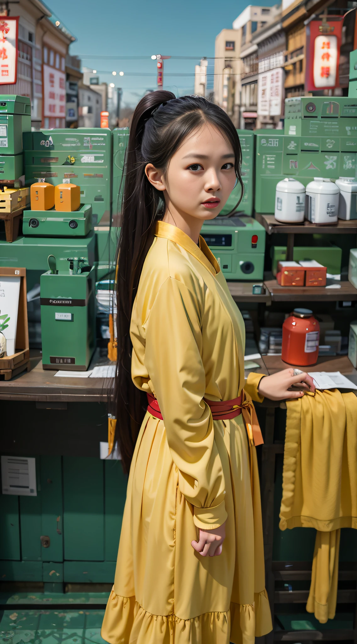There was a woman standing in a shop wearing a silver dress, mingchen shen, wenfei ye, xue han, Hanfu, Zhang Jingna,