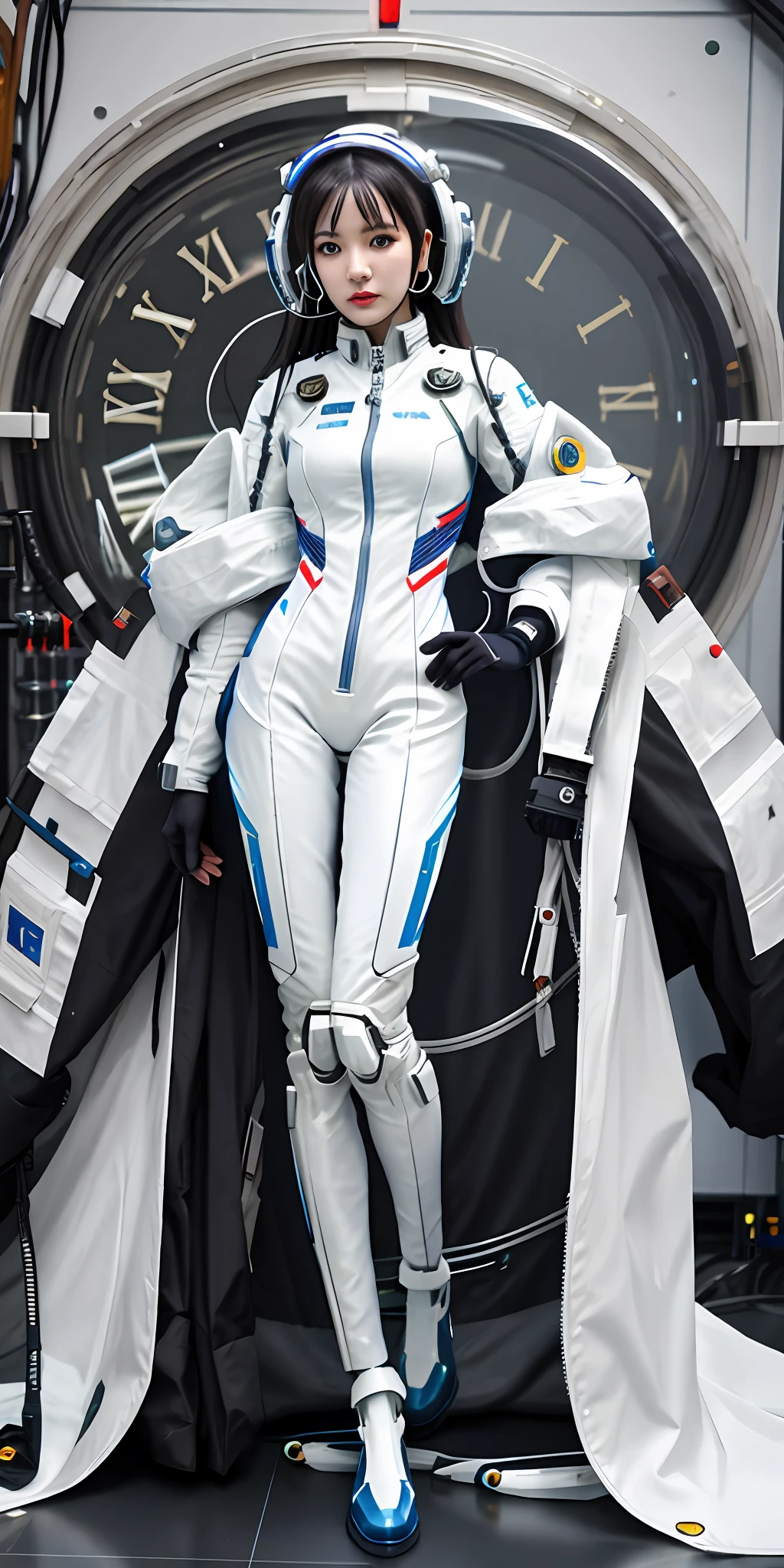Arapefi, wearing white straitjacket, Stand in front of the clock, porcelain cyborg armor, cyborg tech on body and legs, science fiction suit, white cyborg fashion shot, Put on futuristic space gear, science fiction suit, futuristic spacesuit, cyborg fashion model, biopunk futuristic wardrobe, cyborg fashion shot, beautiful woman in spacesuit, Sci-fi spacesuit