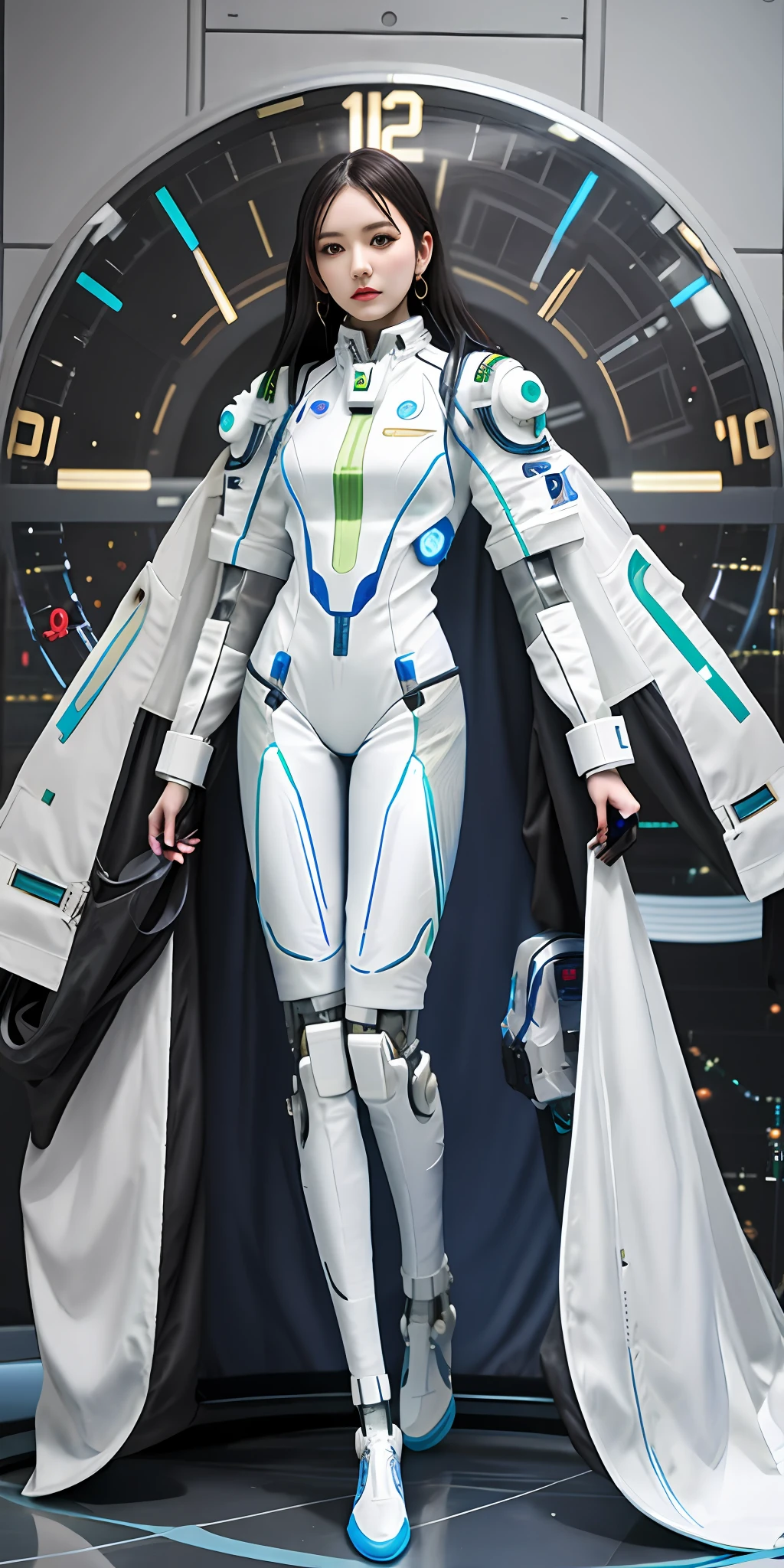 Arapefi, wearing white straitjacket, Stand in front of the clock, porcelain cyborg armor, cyborg tech on body and legs, science fiction suit, white cyborg fashion shot, Put on futuristic space gear, science fiction suit, futuristic spacesuit, cyborg fashion model, biopunk futuristic wardrobe, cyborg fashion shot, beautiful woman in spacesuit, Sci-fi spacesuit