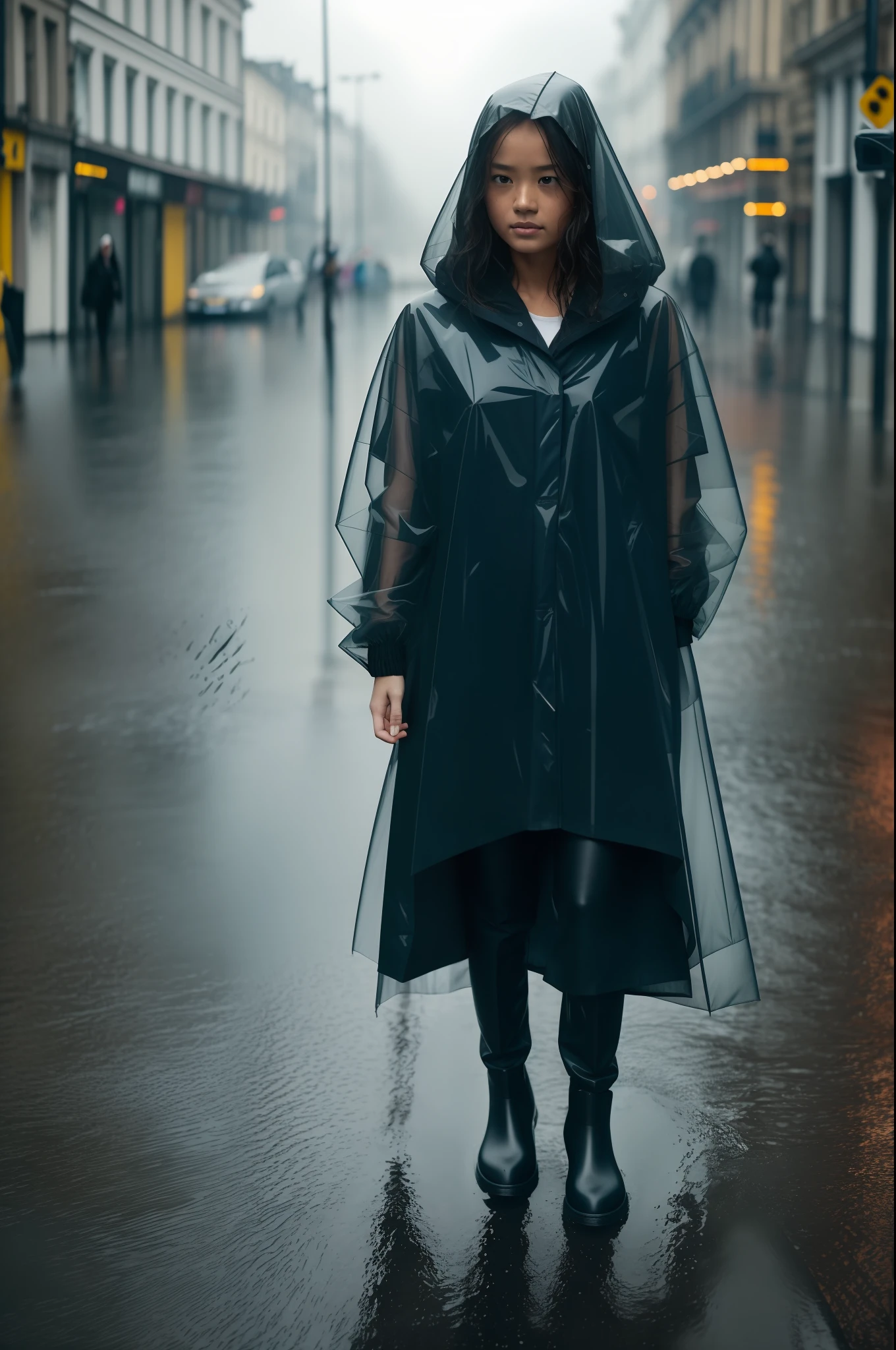 color photo of: a close-up shot of a girl wearing a semi-transparent raincoat that reveals her tight bodysuit underneath, standing in the rain, with wet hair and clothes, water droplets falling and splashing, wearing rain boots, with water droplets on the lens. semi-transparent raincoat, black tight bodysuit, black rain boots, wet hair and clothes, rainy background, determined and confident expression, Leica M10 camera, Ilford HP5 Plus film, 35mm lens, high contrast, Peter Lindbergh, Paolo Roversi, Inez & Vinoodh, Yohji Yamamoto, Rei Kawakubo --auto