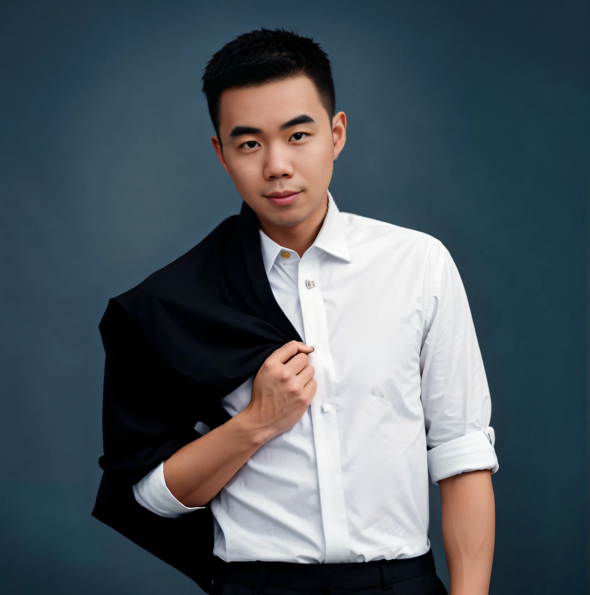 Arad man in white shirt and black pants poses for a photo, Lu Ji, Bo Feng, ryan jia, Li Zixin, Yan, jin shan, mingchen shen, tang mo, ruan jian, Inspired by Ding Guanpeng, Chen Zezhou, inspired by Ding Yunpeng, Wu Liu, steve zheng, style of guo hua, Black glasses frame, extra very short hair