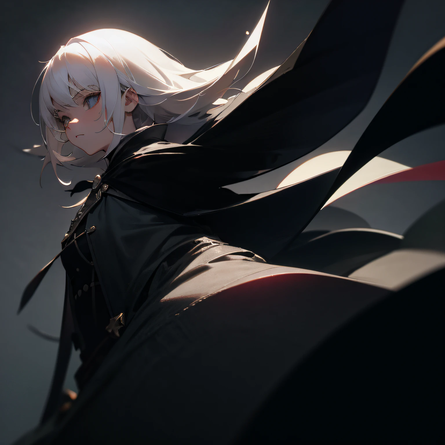 white hair, hair one side up, solid circle eyes, serious, anime style, chiaroscuro, ray tracing, character chart, from side, perspective, 8k, highres, best quality, high quality, high details, anatomically correct，a  beautiful female，The perspective goes up，Black cape --auto