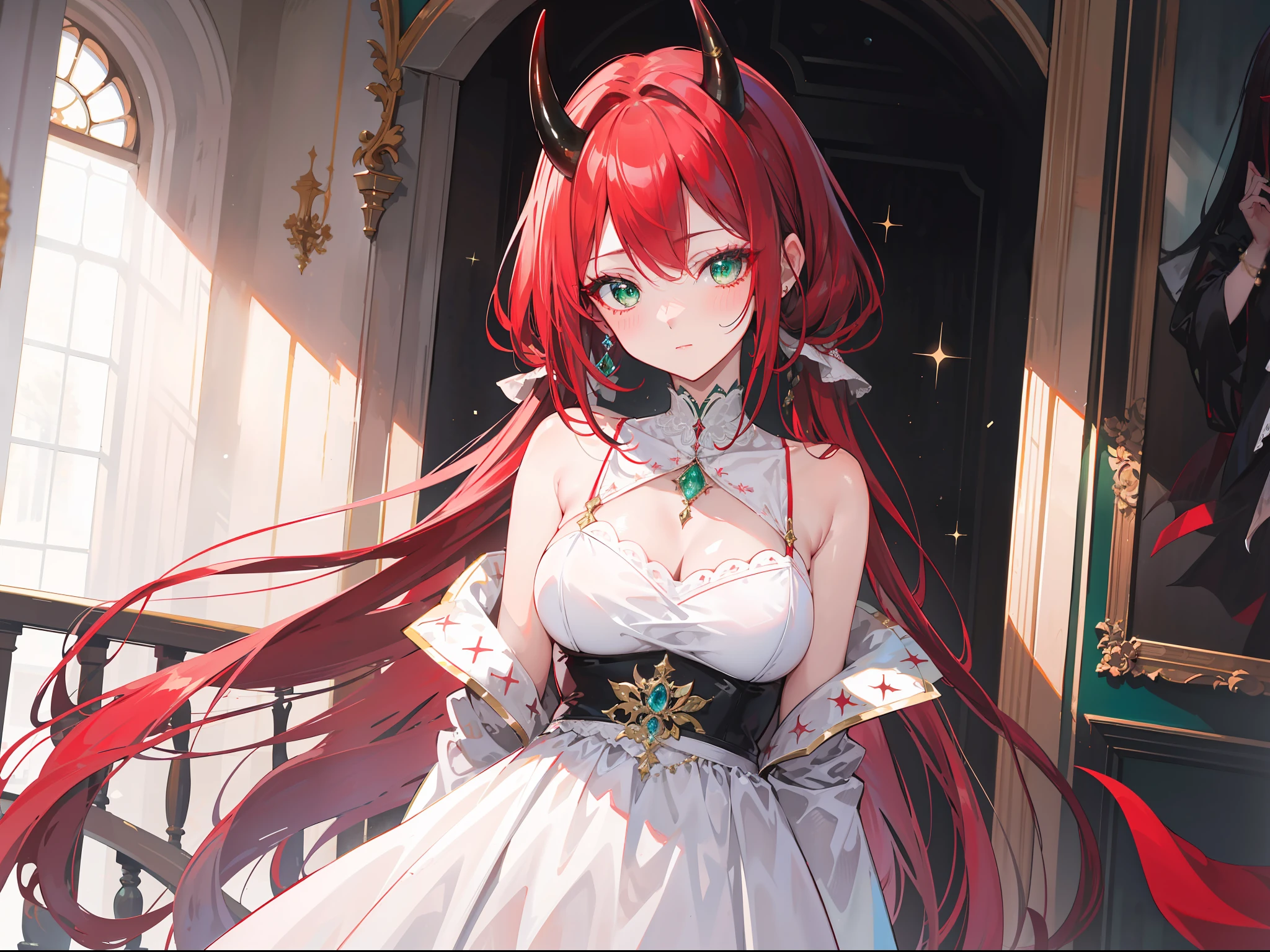 "Palace ambiance, exquisite 4k artwork showcasing a captivating mature girl donning an enchanting dark-red hair tied gracefully with a ribbon and have black demon horn. Her mesmerizing green eyes sparkle as she elegantly wear white dress, she blushes hardly. Her eyes look dizzy"