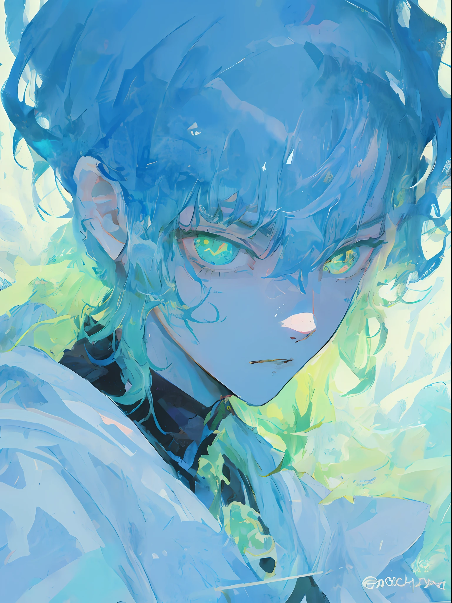 Anime - a stylistic image of a little boy with blue hair and green eyes, handsome guy in demon killer art, demon slayer rui fanart, loish |, demon slayer artstyle, Guviz-style artwork, loish art style, Detailed digital anime art, Beautiful androgynous prince, inspired by Yanjun Cheng, Loish et WLOP