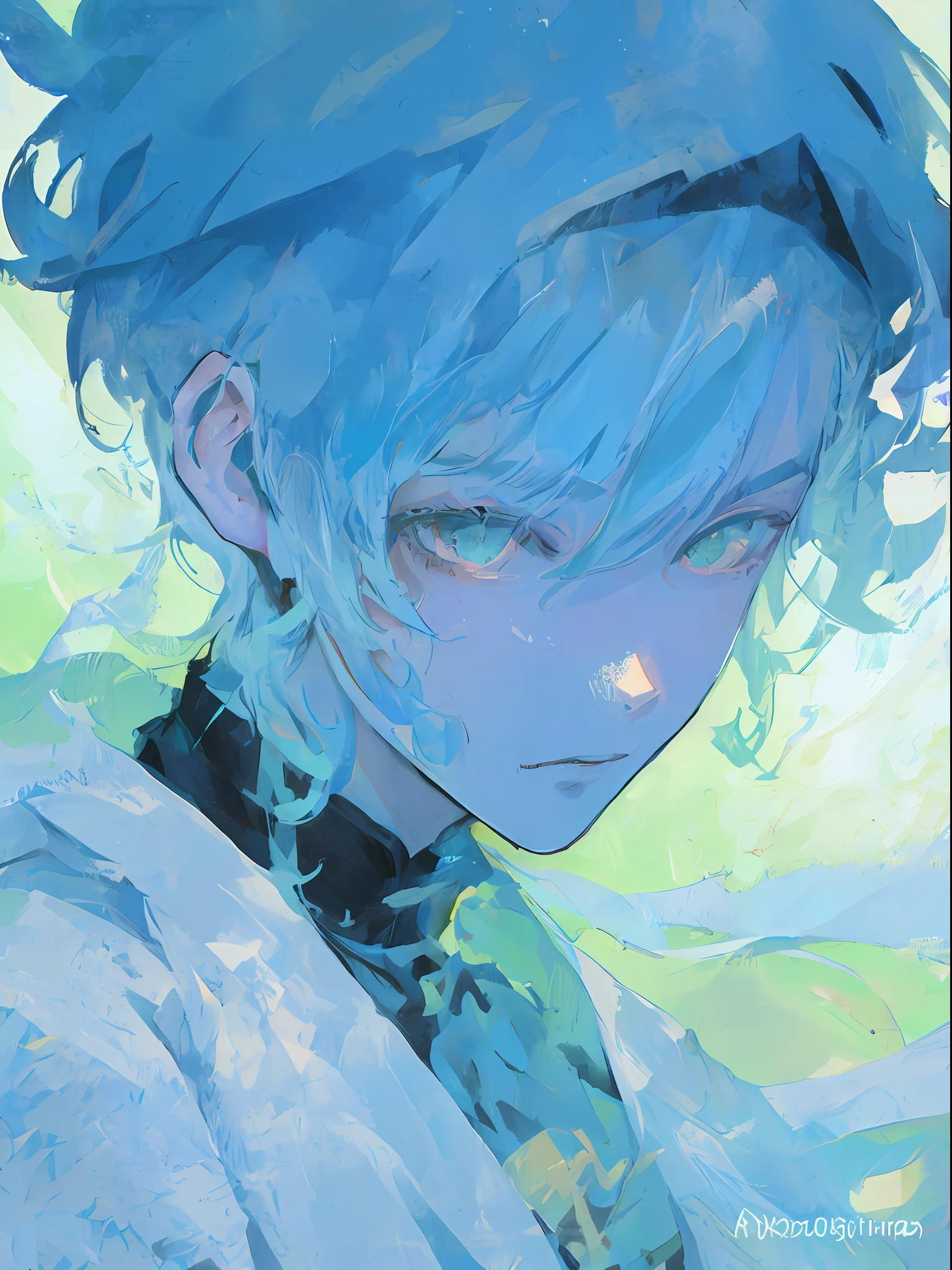 Anime - a stylistic image of a  with blue hair and green eyes, handsome guy in demon killer art, demon slayer rui fanart, loish |, demon slayer artstyle, Guviz-style artwork, loish art style, Detailed digital anime art, Beautiful androgynous prince, inspired by Yanjun Cheng, Loish et WLOP