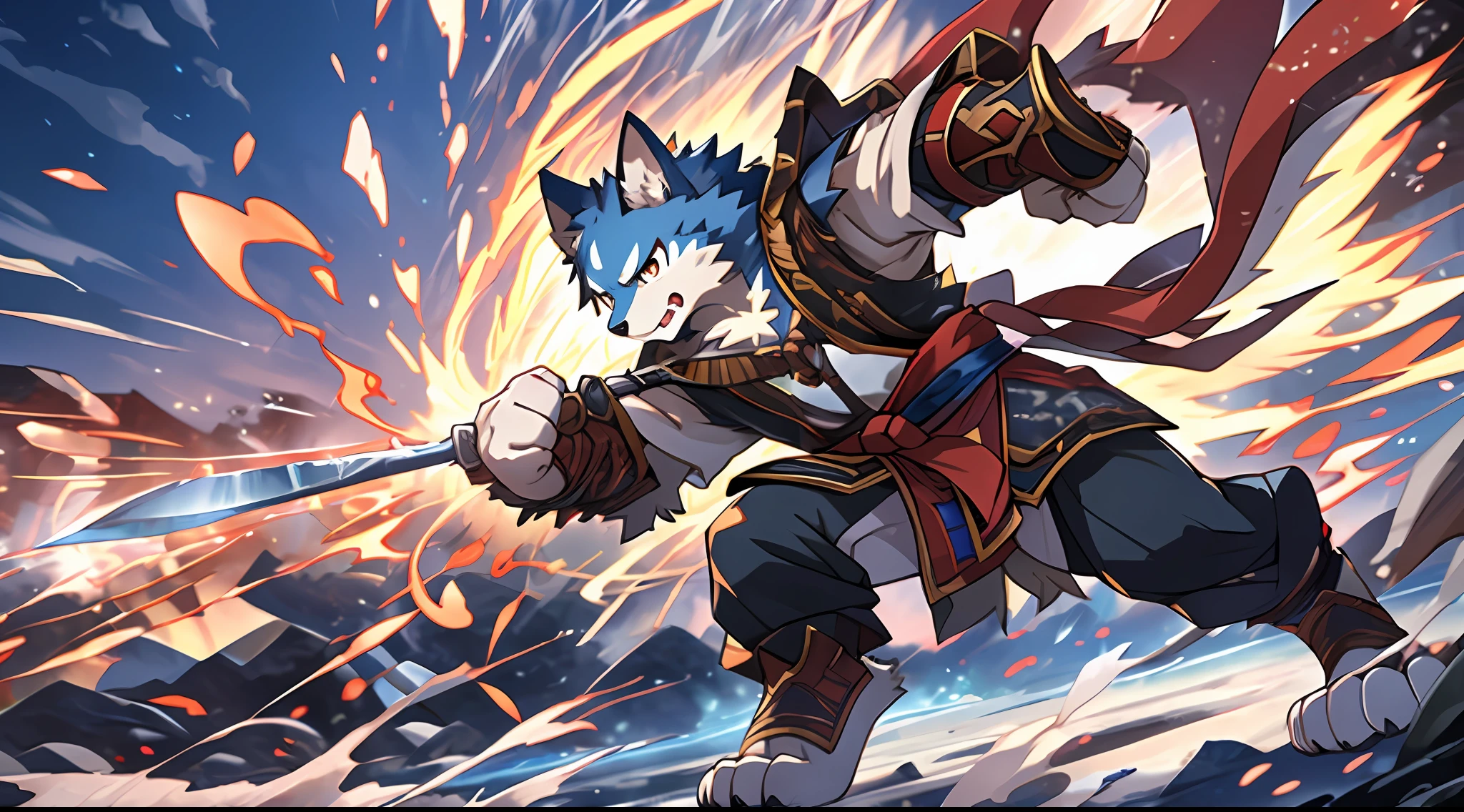 top quality, high-quality illustrations((masterpiece))depth of field, motion blur, absurdres, Perfect Anatomy, magnificent picture of kemono fighting fierce battles, kemono, 1boy, solo focus, Anthro((dramatic))epic, weapon, dynamic pose, One scene of movie,