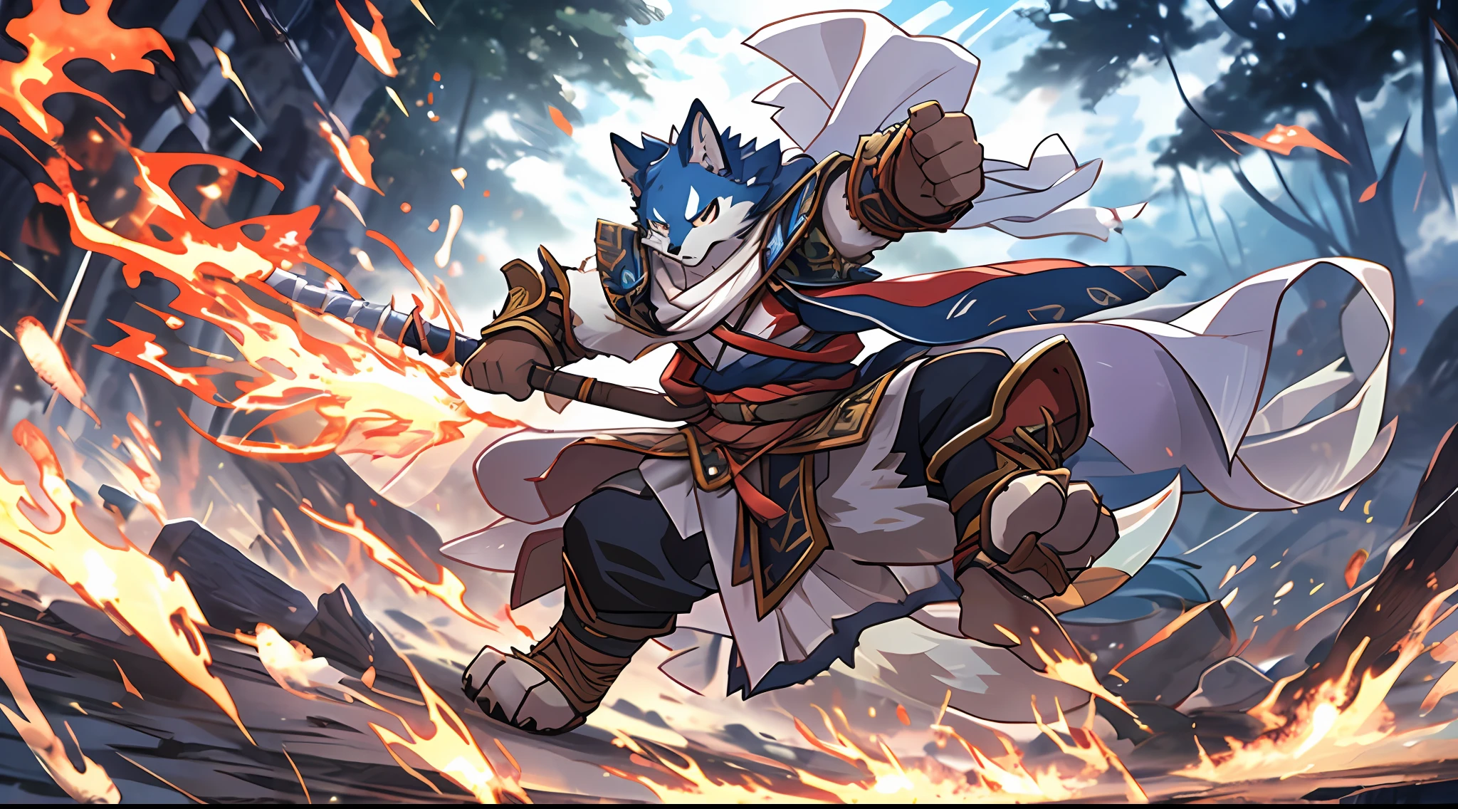 top quality, high-quality illustrations((masterpiece))depth of field, motion blur, absurdres, Perfect Anatomy, magnificent picture of kemono fighting fierce battles, kemono, 1boy, solo focus, Anthro((dramatic))epic, weapon, dynamic pose, One scene of movie,