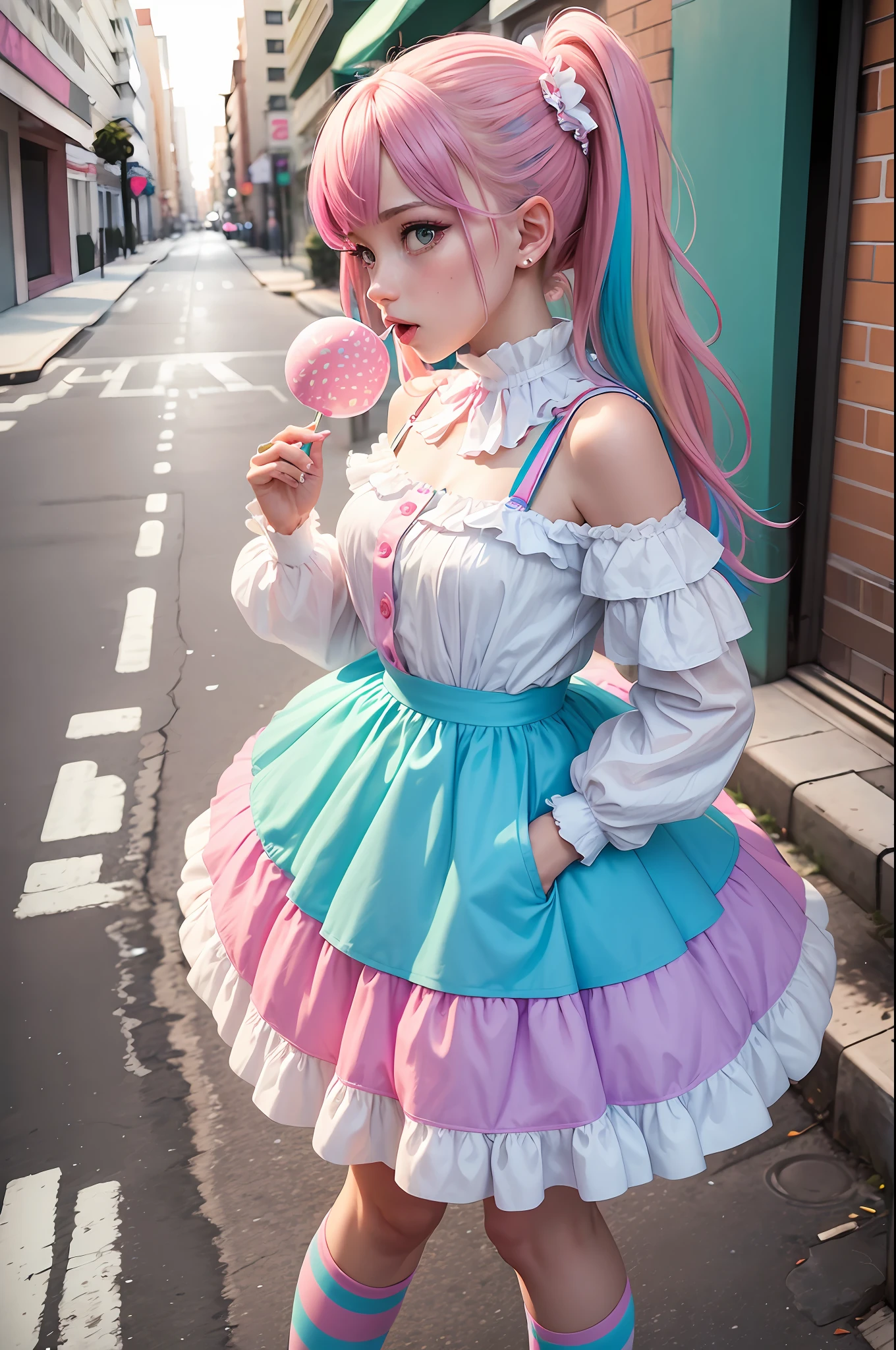 color photo of: a side-profile full-body shot of a trendy young girl licking a giant rainbow lollipop, with colorful hair and lolita fashion, street styled on an empty street, shot at a 45-degree angle from above, looking towards the camera.pink and blue lolita dress, white ruffle blouse, rainbow striped thigh-high socks, white mary jane shoes, pastel-colored hair, colorful makeup, empty street background, playful and cheerful expression, Pentax K-1 Mark II camera, Kodak Ektachrome E100 film, 50mm lens, shallow depth of field, Sofia Coppola, Spike Jonze, Wes Anderson, Jeremy Scott, Anna Sui --auto